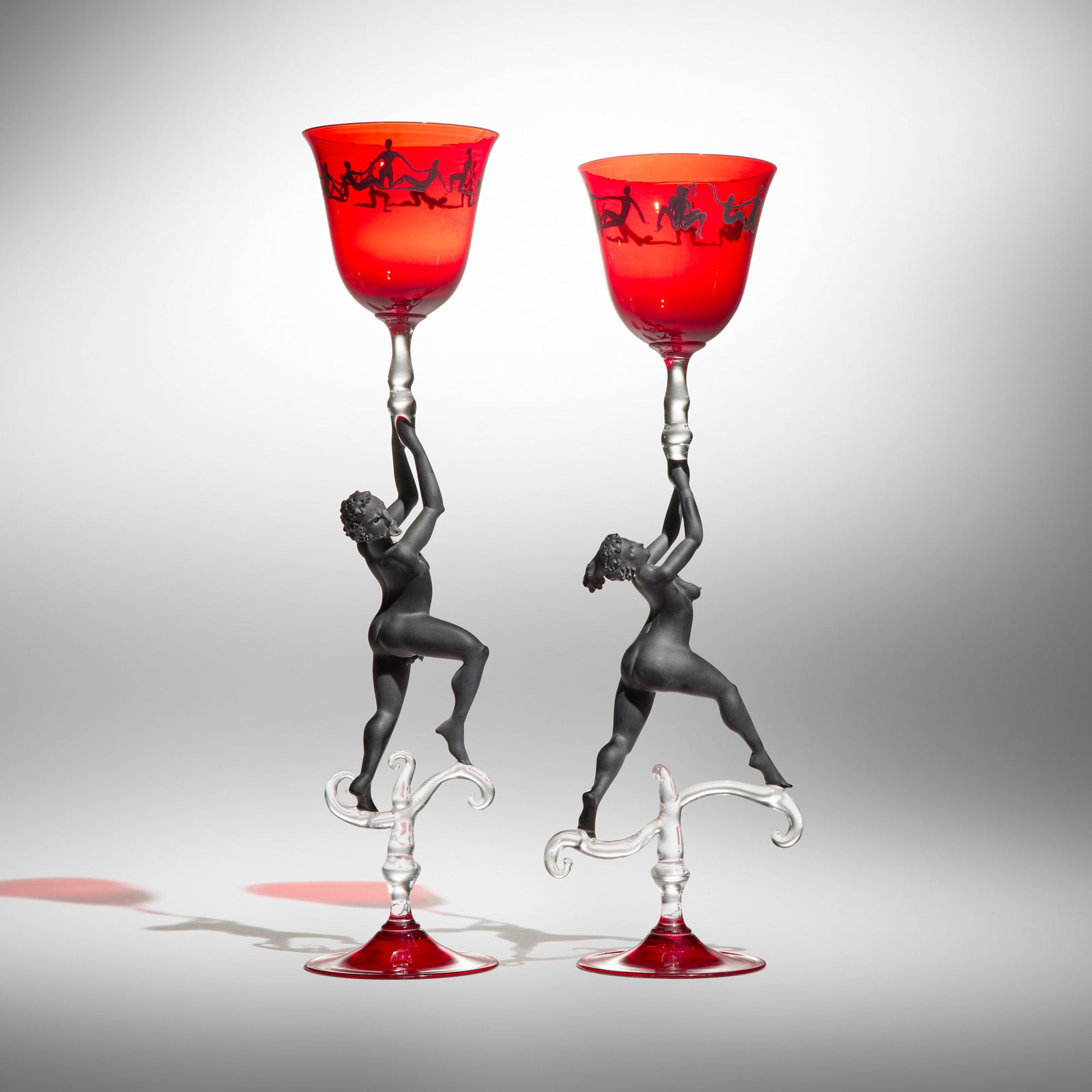 Lucio Bubacco, Nymph & Zeus goblets, pair: Lucio Bubacco Nymph & Zeus goblets, pair 2004 flameworked glass 16.375 h x 4 dia in (42 x 10 cm) 15.75 h x 3.5 w x 5 d in (40 x 9 x 13 cm) Incised signature and date to lower edge of each example