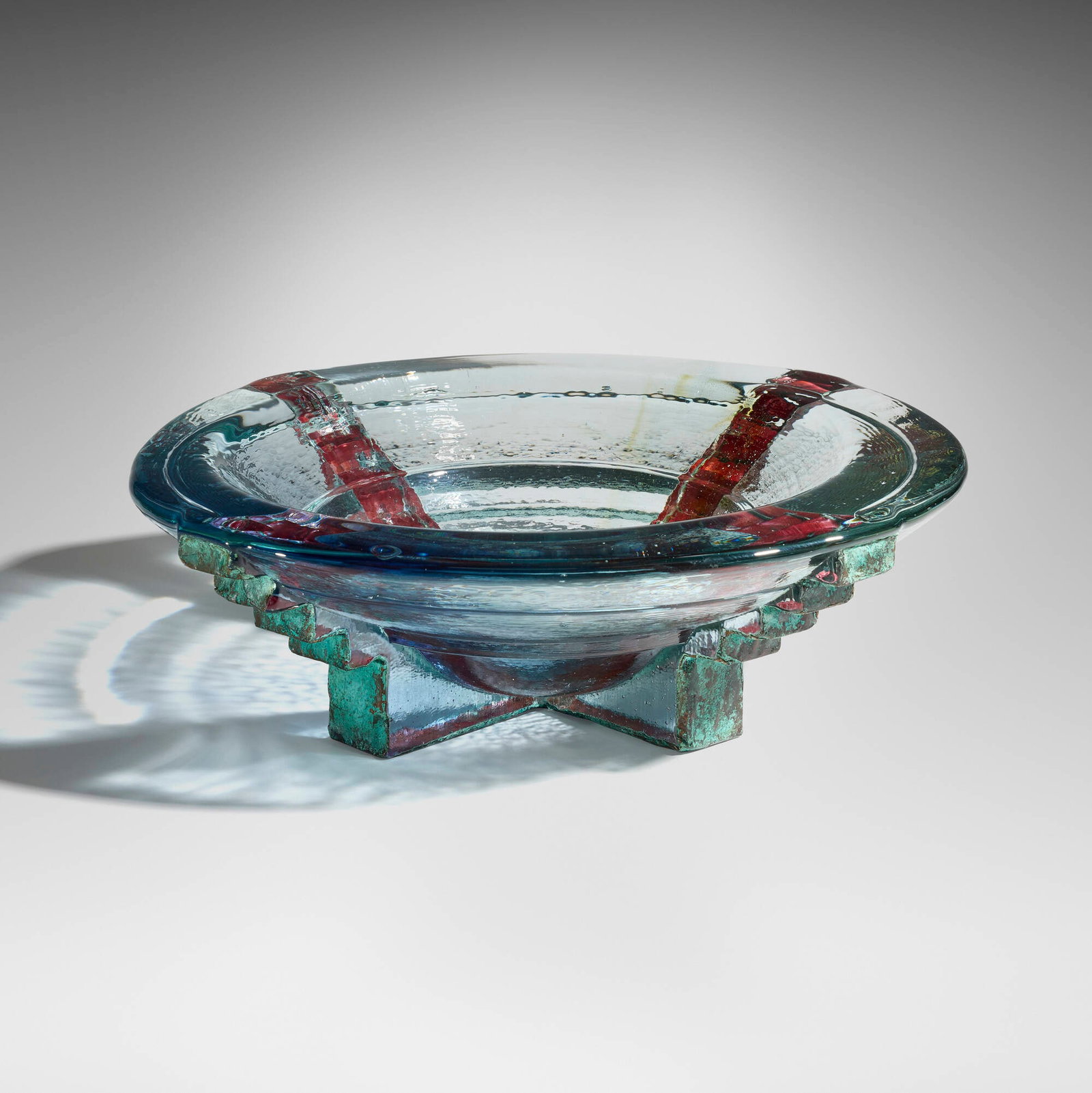 John Lewis, Compotier with Patinated Ribs: John Lewis Compotier with Patinated Ribs 1987 copper over molded glass 5.75 h x 19.25 dia in (15 x 49 cm) Etched signature and date to underside 'Lewis 87-57'. Provenance: Arts Signature