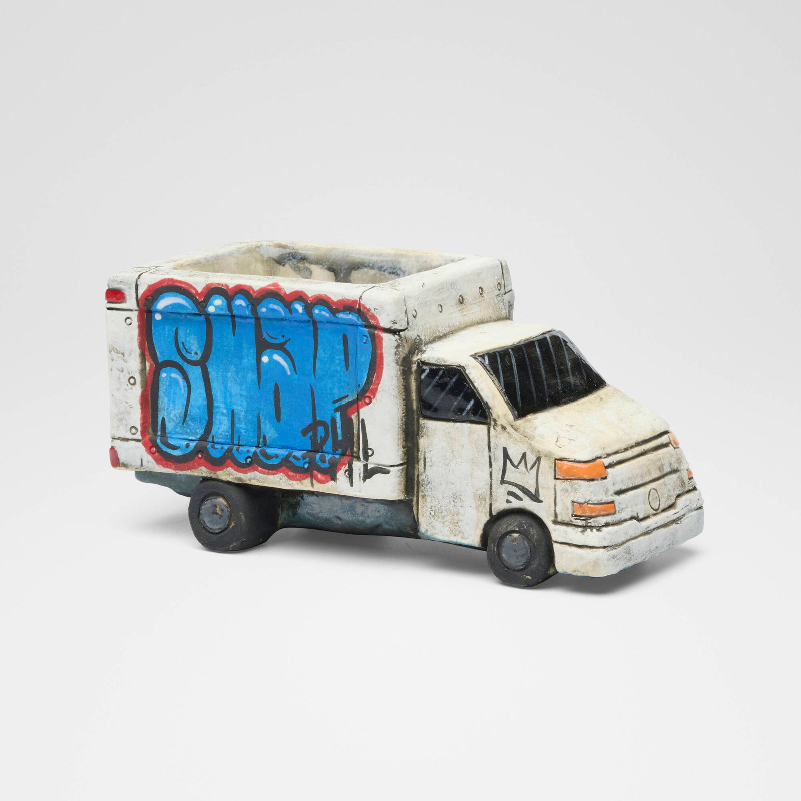 Roberto Lugo, Graffiti Truck planter: Roberto Lugo Graffiti Truck planter c. 2020 glazed earthenware 3.25 h x 7 w x 3.5 d in (8 x 18 x 9 cm) Glazed artist's tag to body. This work will ship from Lambertville, New Jersey.