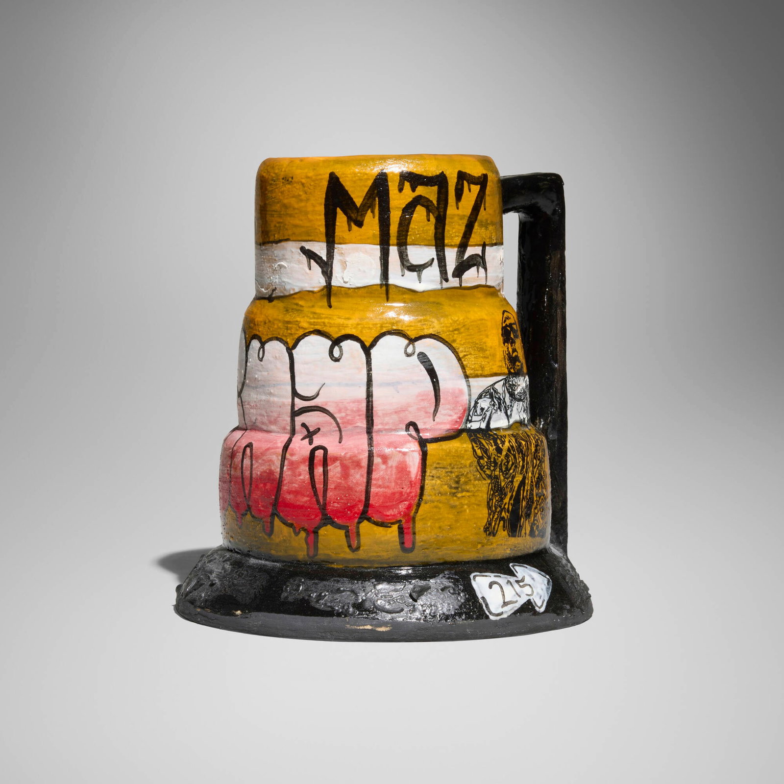 Roberto Lugo and Charlie Cunningham, Traffic Barrel tankard: Roberto Lugo and Charlie Cunningham Traffic Barrel tankard c. 2023 glazed earthenware 6 h x 5.75 w x 5.25 d in (15 x 15 x 13 cm) Glazed artist's graffiti tags to body 'Rob' and 'Maz'. This work