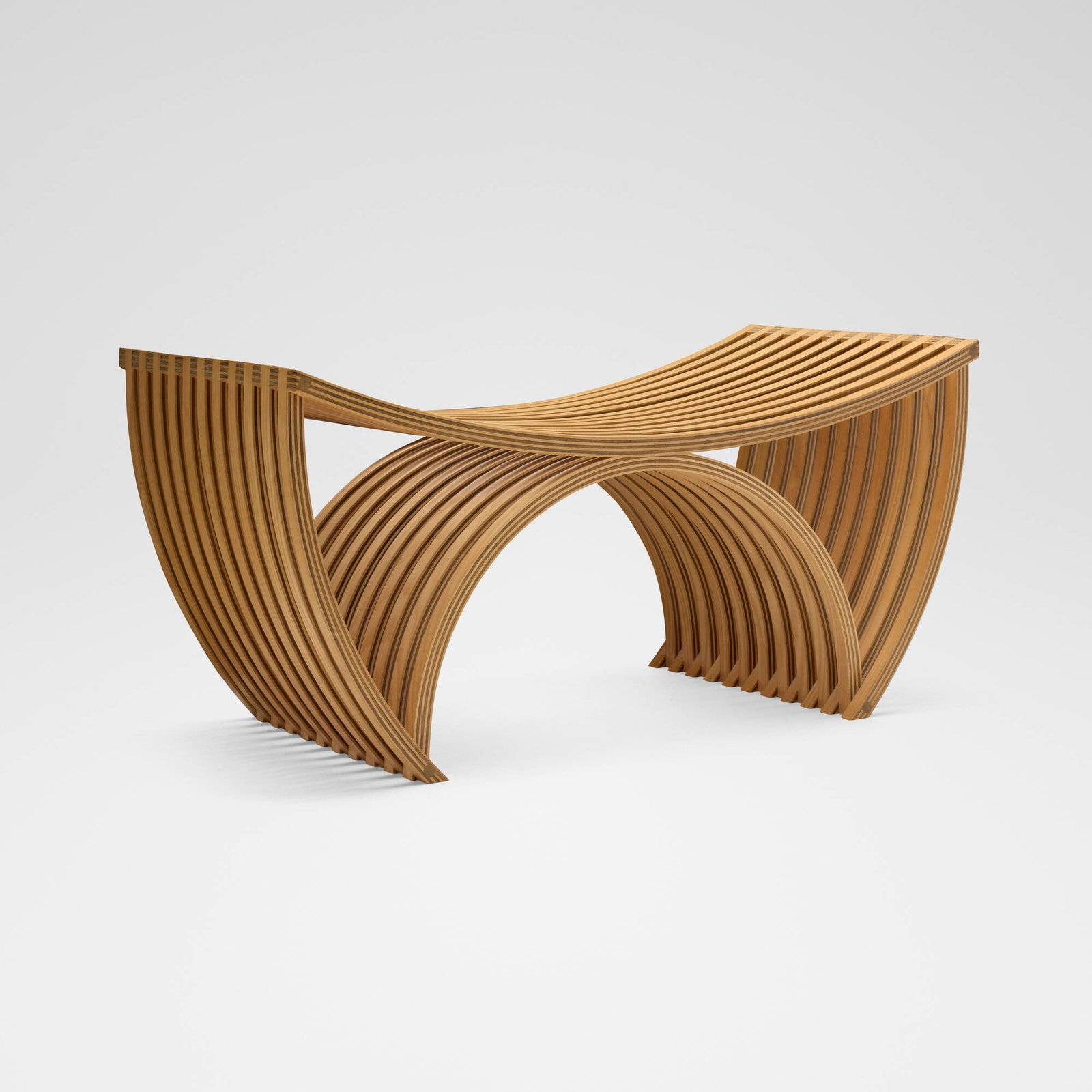 Yokhai Givon, Bench: Yokhai Givon Bench Israel, 1997 laminated ash and walnut 19.75 h x 40.125 w x 20.375 d in (50 x 102 x 52 cm) Incised signature, date, and number to underside 'No. 5 Yokhai Sep 97'. This