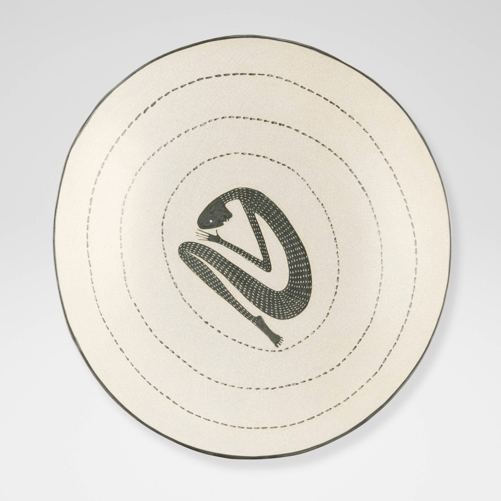 Sandy Shaw, Circle Man bowl: Sandy Shaw Circle Man bowl 1992 glazed earthenware 3 h x 12.5 w x 11.5 d in (8 x 32 x 29 cm) Signed, titled, and dated to underside 'Circle Man Bowl 1992 Sandy Shaw'. This work will ship