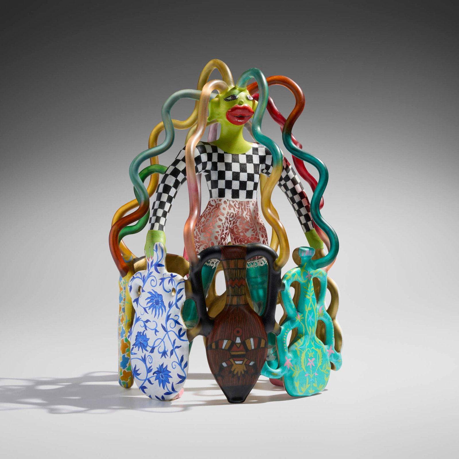 Ginny Ruffner, Untitled (Figure with Vases): Ginny Ruffner Untitled (Figure with Vases) 1995 lampworked and painted glass 11.375 h x 8.75 w x 7.875 d in (29 x 22 x 20 cm) Signed and dated near base 'Ginny Ruffner 95'. Provenance: