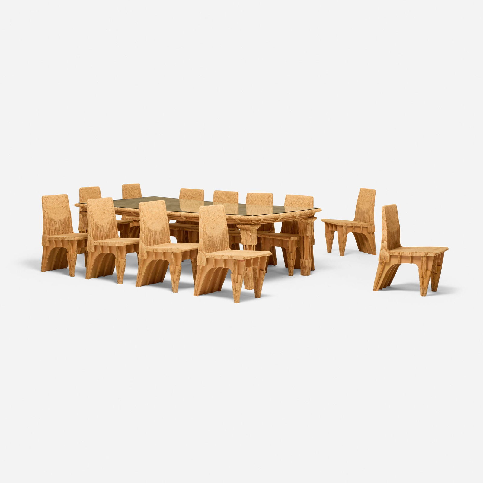 Joel Stearns, Cardboard dining room set: Joel Stearns Cardboard dining room set New City Editions USA, 1995 corrugated cardboard, Masonite, glass table: 28.75 h x 95 w x 53.75 d in (73 x 241 x 137 cm) chair: 33.5 h x 16.5 w x 21.5 d in (85