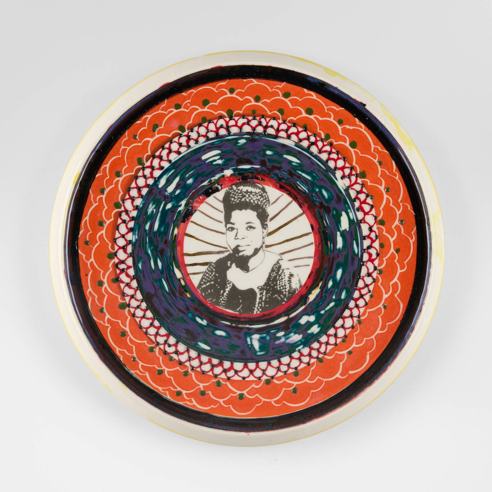 Roberto Lugo, Maya Angelou portrait plate: Roberto Lugo Maya Angelou portrait plate 2015 glazed porcelain with ceramic decal 0.875 h x 10.125 dia in (2 x 26 cm) Incised artist marks to reverse. Literature: "Agent of Change," American Craft,