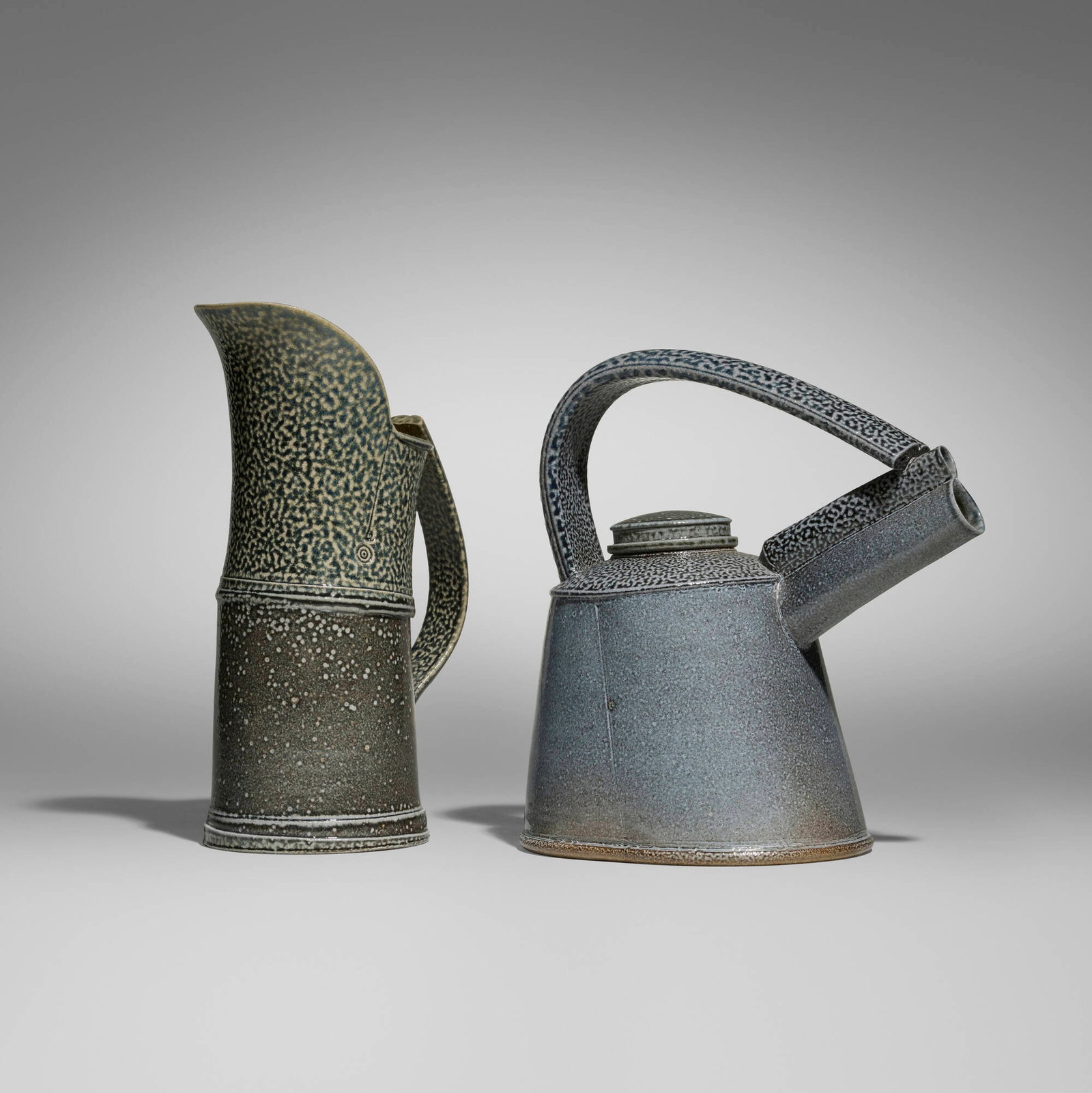 Walter Keeler, Pitcher; Teapot (two works): Walter Keeler Pitcher; Teapot (two works) salt-glazed stoneware 9.75 h x 6 w x 4 d in (25 x 15 x 10 cm) 8.75 h x 9 w x 4.875 d in (22 x 23 x 12 cm) Impressed artist's seal to body of each