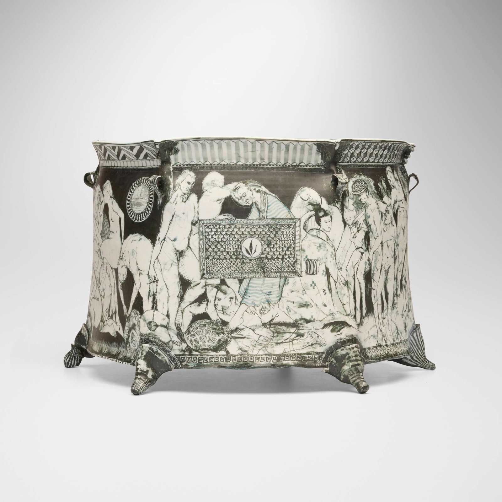 Edward Eberle, Untitled (vessel with nudes): Edward Eberle Untitled (vessel with nudes) 1993 porcelain, terra sigillata and sgraffito decoration 10.75 h x 16.5 dia in (27 x 42 cm) Incised signature and date to lower edge 'E.S. Eberle