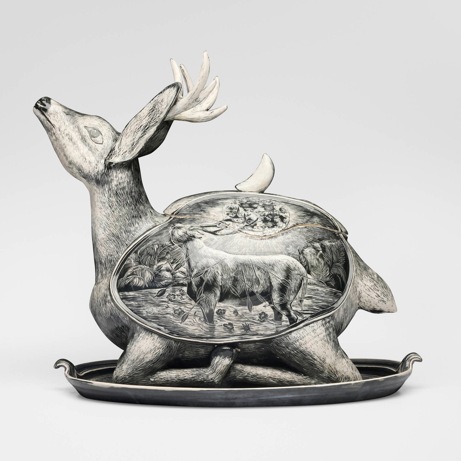 David Regan, Stag tureen: David Regan Stag tureen 1994 glazed porcelain with sgraffito decoration 17.25 h x 19.5 w x 12 d in (44 x 50 x 30 cm) Glazed signature and date to underside of stag 'Regan 1994'. This work will ship