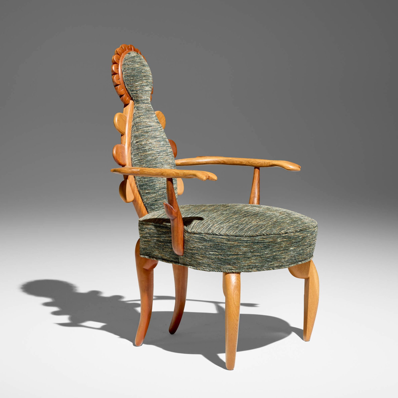 Tommy Simpson, How Does Your Garden Grow armchair: Tommy Simpson How Does Your Garden Grow armchair USA, 2004 upholstery, carved oak, walnut 39 h x 25.5 w x 26 d in (99 x 65 x 66 cm) Provenance: Private Collection This work will ship from Los