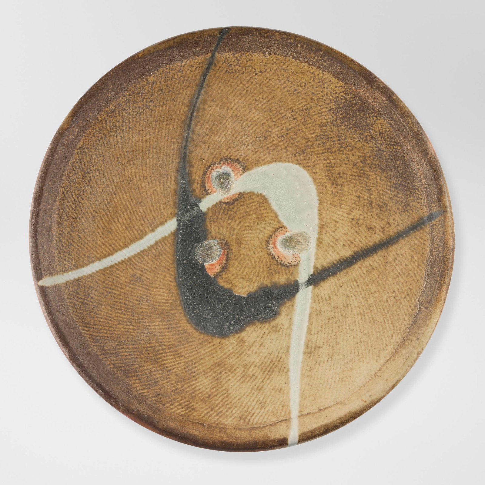 Randy Johnston, Charger: Randy Johnston Charger c. 2010 glazed and wood-fired stoneware 3.75 d x 19.5 dia in (10 x 50 cm) Impressed artist's seal with monogram to underside 'RJ'. This work will ship from