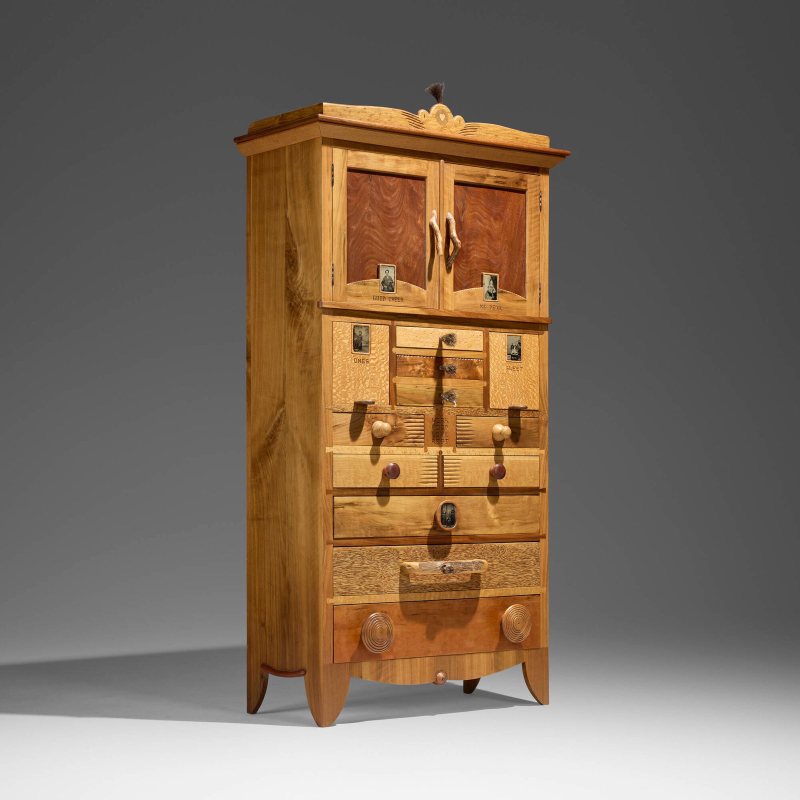 Tommy Simpson, Work, Food, Love, Rest cabinet: Tommy Simpson Work, Food, Love, Rest cabinet USA, 2001 mahogany, walnut, various woods, tintypes, horsehair 79 h x 37 w x 19 d in (201 x 94 x 48 cm) Cabinet features twelve drawers and two doors