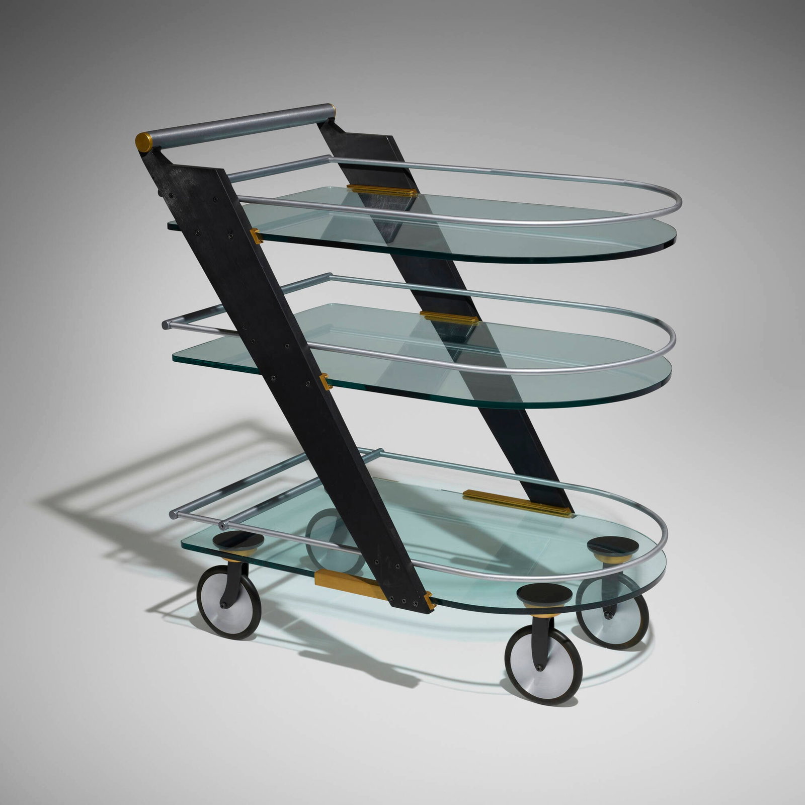 Peter Handler, Tea cart: Peter Handler Tea cart Handler Studio USA, 2003-2004 anodized aluminum, glass, rubber wheels 40 h x 24.625 w x 36 d in (102 x 63 x 91 cm) This work will ship from Chicago, Illinois.