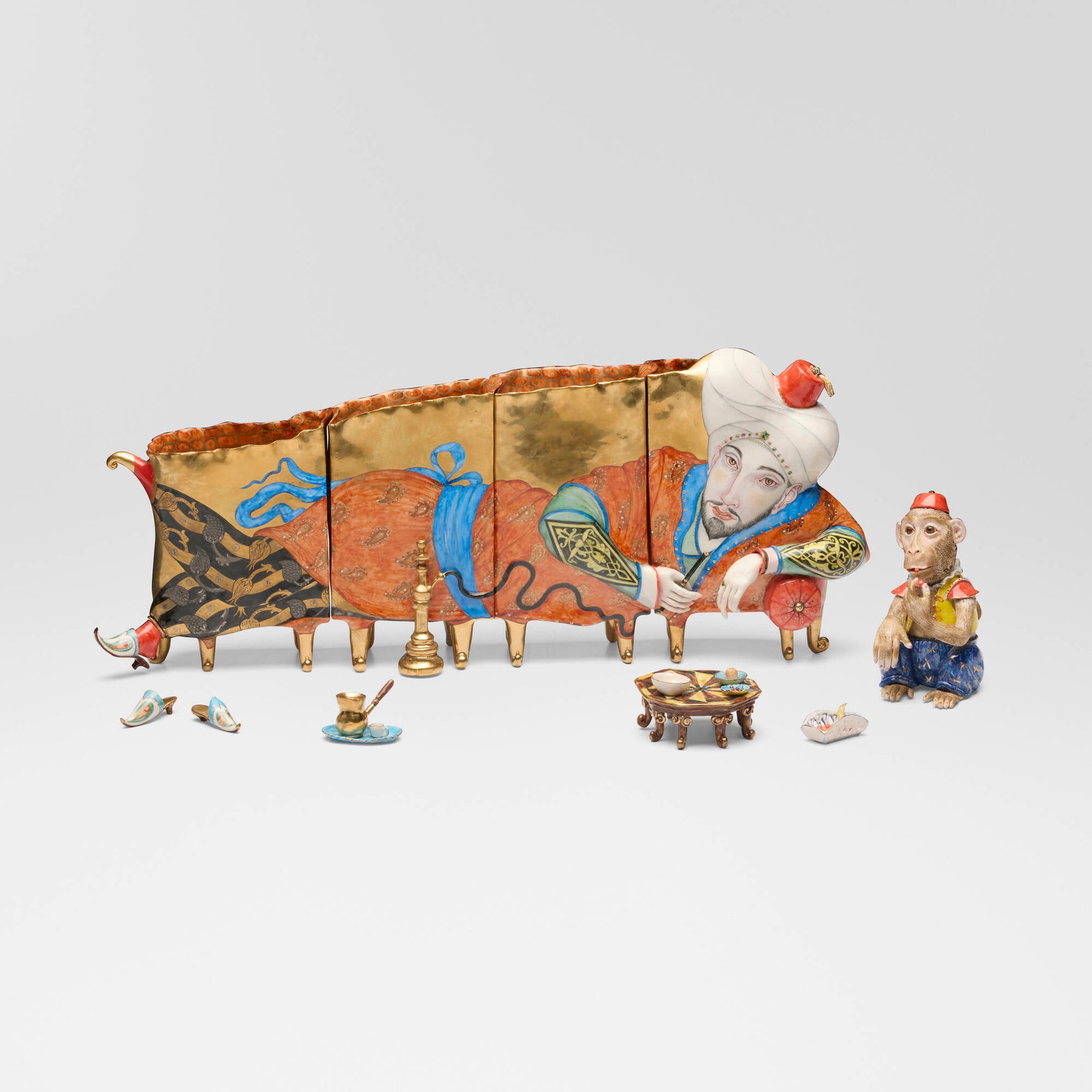 Irina Zaytceva, Untitled: Irina Zaytceva Untitled 2018 glazed and gilt porcelain overall: 6.5 h x 17.5 w x 8 d in (17 x 44 x 20 cm) Work is composed of ten elements. Glazed signature and date to money figure 'Irina S.
