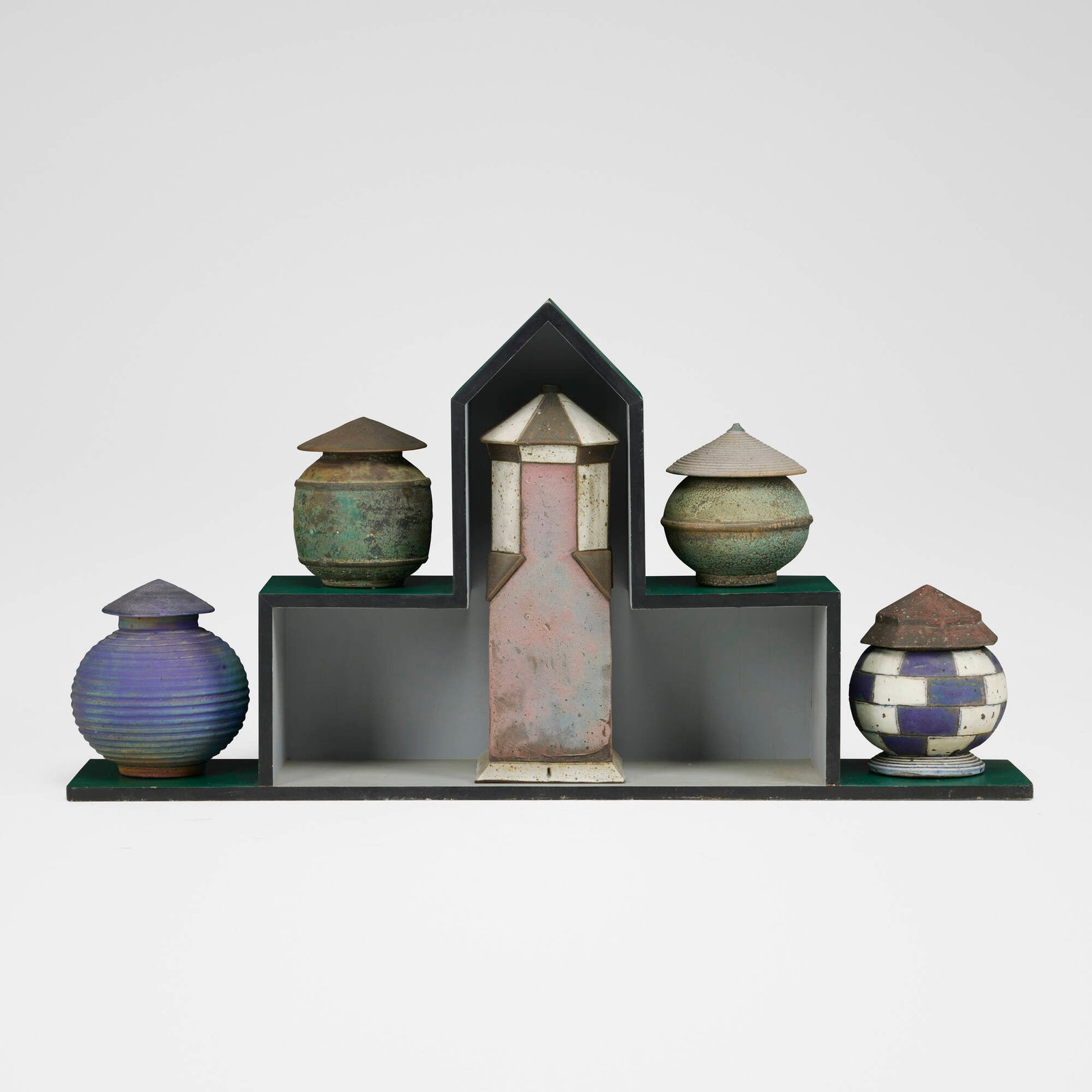 Dan Anderson, Untitled: Dan Anderson Untitled glazed stoneware, painted wood 26 h x 50 w x 10 d in (66 x 127 x 25 cm) Impressed chop mark to four examples 'DA'. This work will ship from Lambertville, New Jersey.