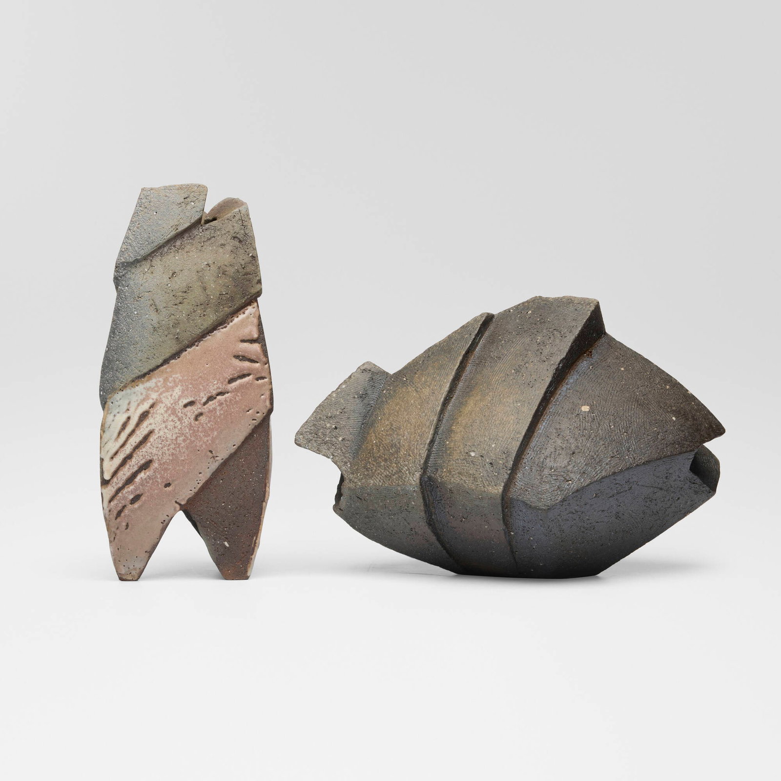 Tim Rowan, Untitled (two works): Tim Rowan Untitled (two works) 2018 wood-fired stoneware 10.875 h x 5 w x 4.75 d in (28 x 13 x 12 cm) 7.75 h x 12 w x 8.5 d in (20 x 30 x 22 cm) Impressed chop mark to underside of each example.