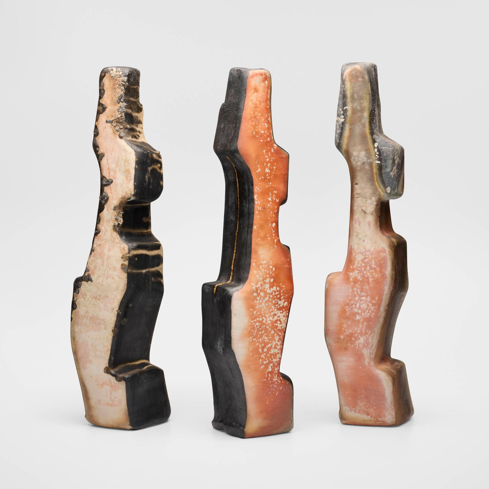 Ashwini Bhat, Matrikas: Ashwini Bhat Matrikas 2016 wood-fired, glazed and gilt stoneware 21.75 h x 5 w x 4.25 d in (55 x 13 x 11 cm) 21.625 h x 4.5 w x 4.25 d in (55 x 11 x 11 cm) 21.5 h x 4.75 w x 4.25 d in (55 x 12 x 11