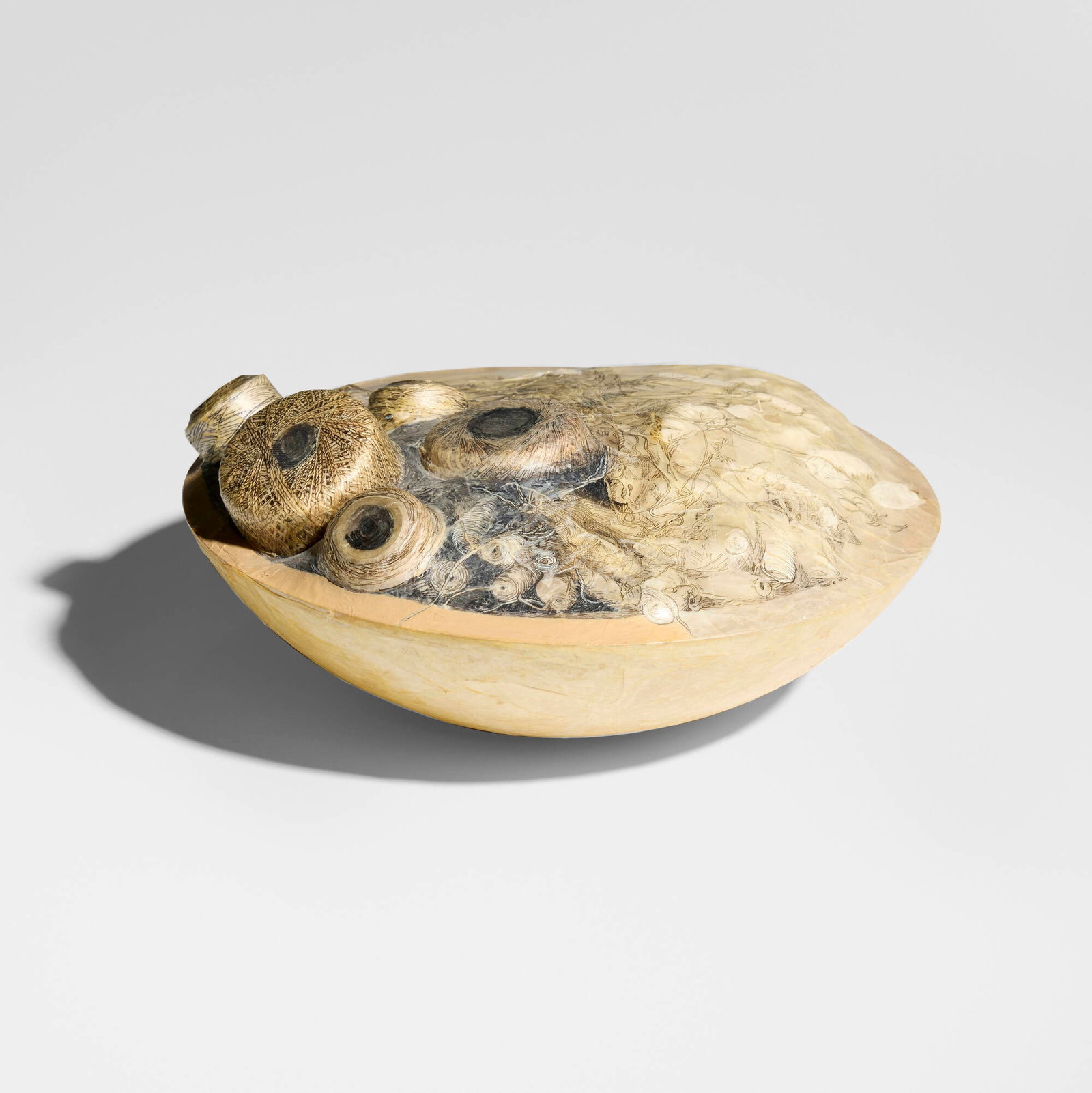 Norma Minkowitz, Still Life II: Norma Minkowitz Still Life II 1992 wood, fiber, parchment, ink, spools, paint 4.5 h x 10 dia in (11 x 25 cm) Signed and dated to underside 'Norma Minkowitz 1992'. Provenance: Bellas Artes