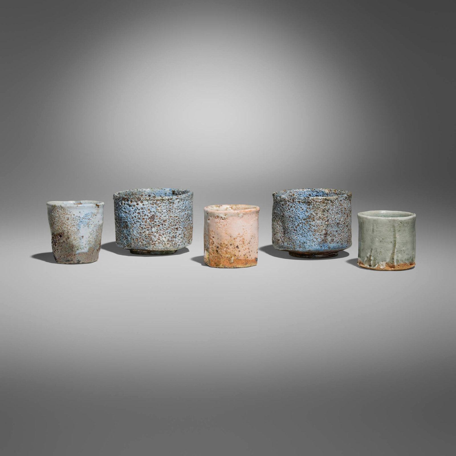 Hans Vangso, Collection of five works: Hans Vangso Collection of five works 21st century glazed stoneware tallest: 3 h x 4 dia in (8 x 10 cm) shortest: 2.375 h x 2.5 dia in (6 x 6 cm) Impressed artist's cipher to underside of three