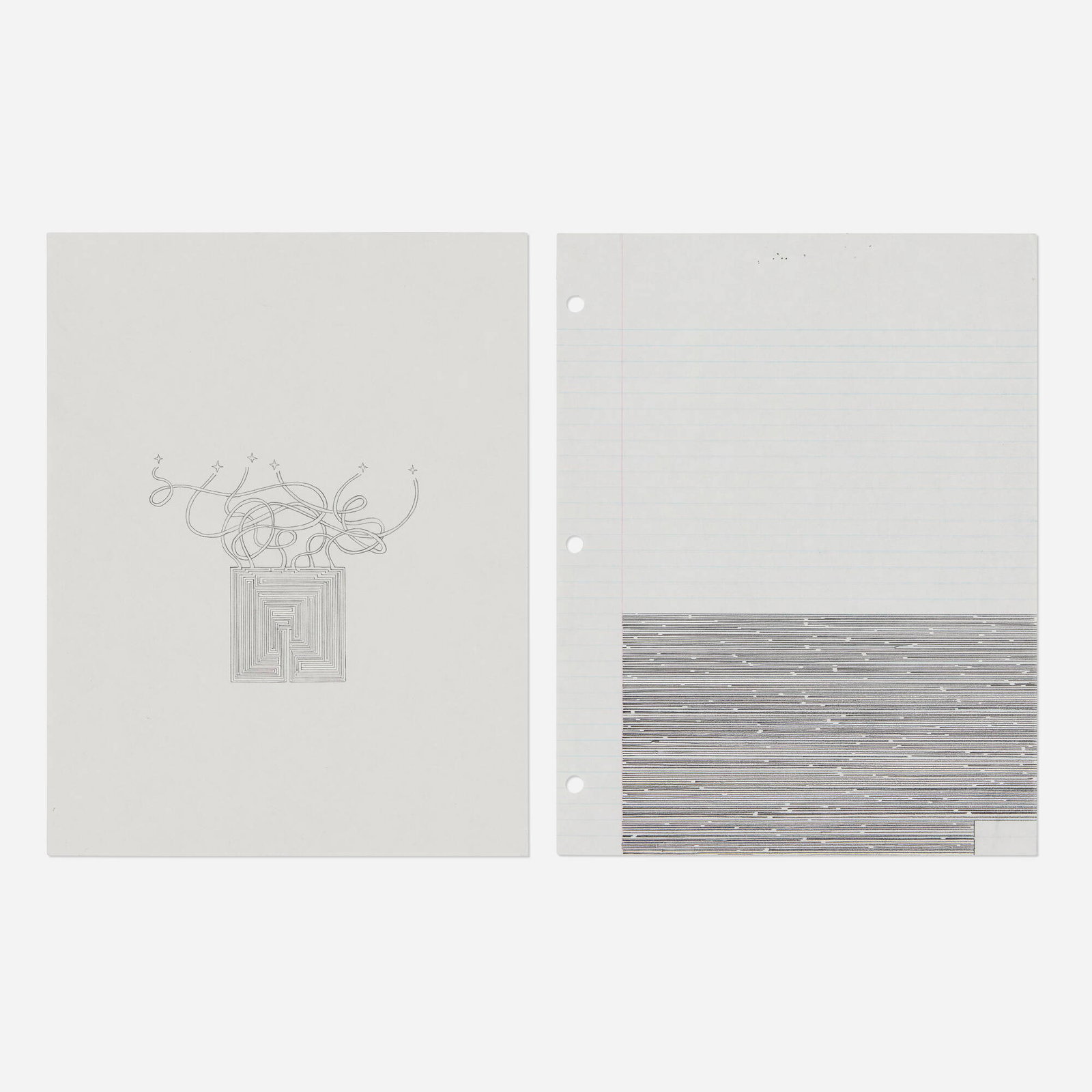 D-L Alvarez, Maze Drawing #2; Untitled (two works): D-L Alvarez Maze Drawing #2; Untitled (two works) graphite on paper each: 11 h x 8.5 w in (28 x 22 cm) This work will ship from Chicago, Illinois.