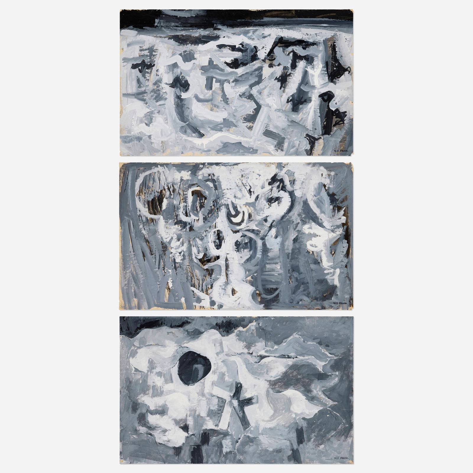 Rex Ashlock, Untitled (three works): Rex Ashlock Untitled (three works) 1957 gouache on paper each: 24 h x 38 w in (61 x 97 cm) Signed to lower right of each work 'Rex Ashlock'. Dated to lower left of one work 'Nov 57'. Estate stamp to