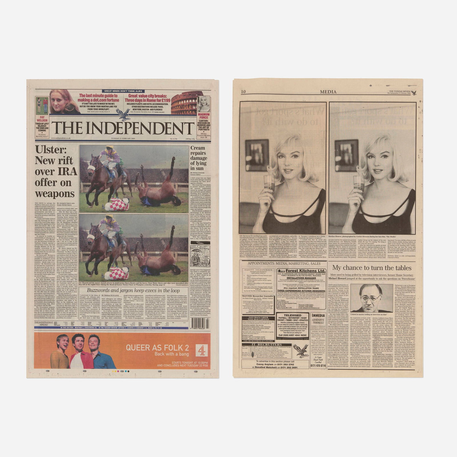 Pierre Bismuth, La fin du mouvement; Marilyn (two works): Pierre Bismuth La fin du mouvement; Marilyn (two works) 2000 collaged newsprint each: 22.75 h x 14.75 w in (58 x 37 cm) Signed, titled and dated to lower edge of each work 'La fin du mouvement
