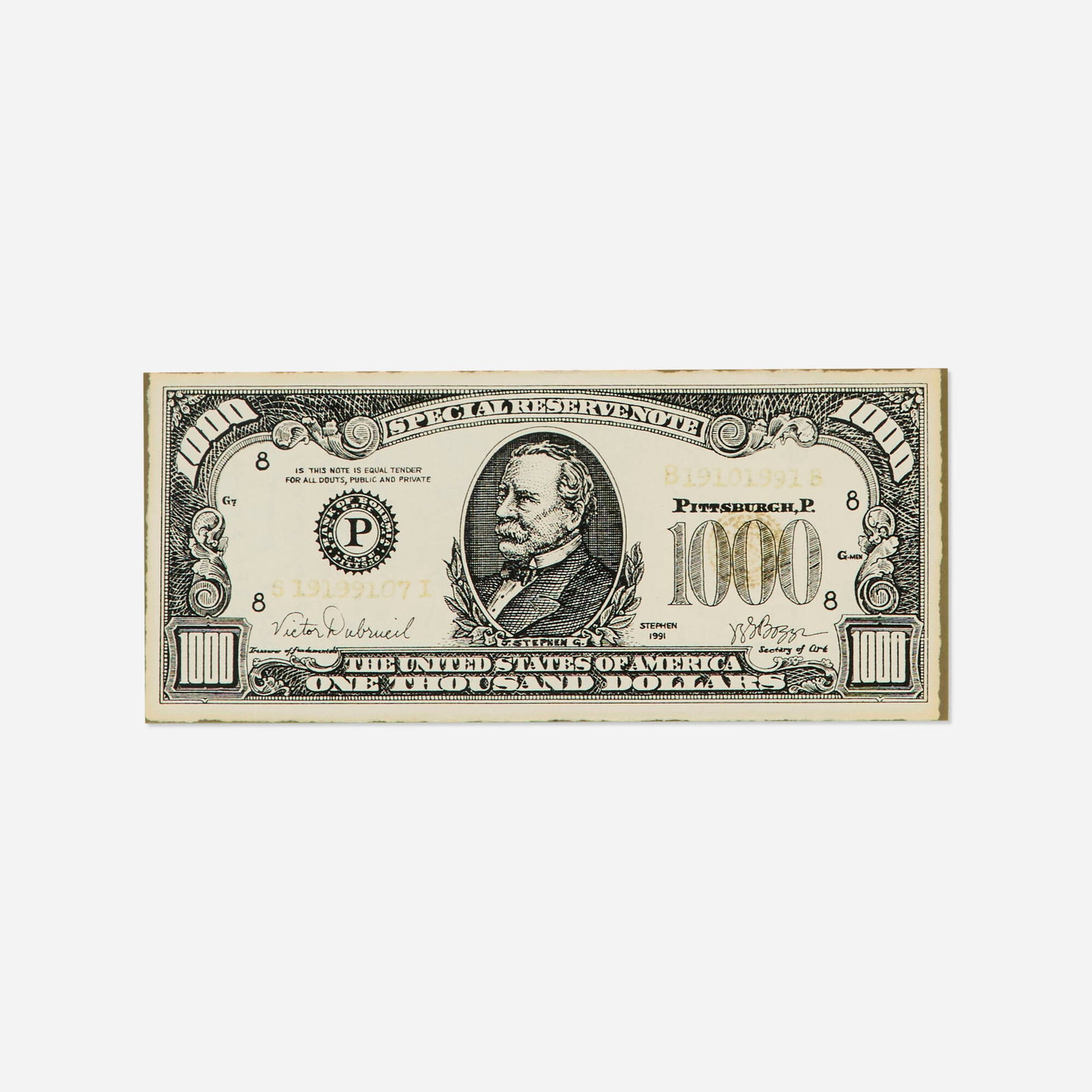 JSG Boggs, 1,000 dollar bill: JSG Boggs 1,000 dollar bill 1991 lithograph in colors 0.76 h x 6.125 w in (2 x 16 cm) Signed, dated and inscribed to verso 'J.S.G. Boggs W.D.C. 2/11/91'. This work will ship from Los