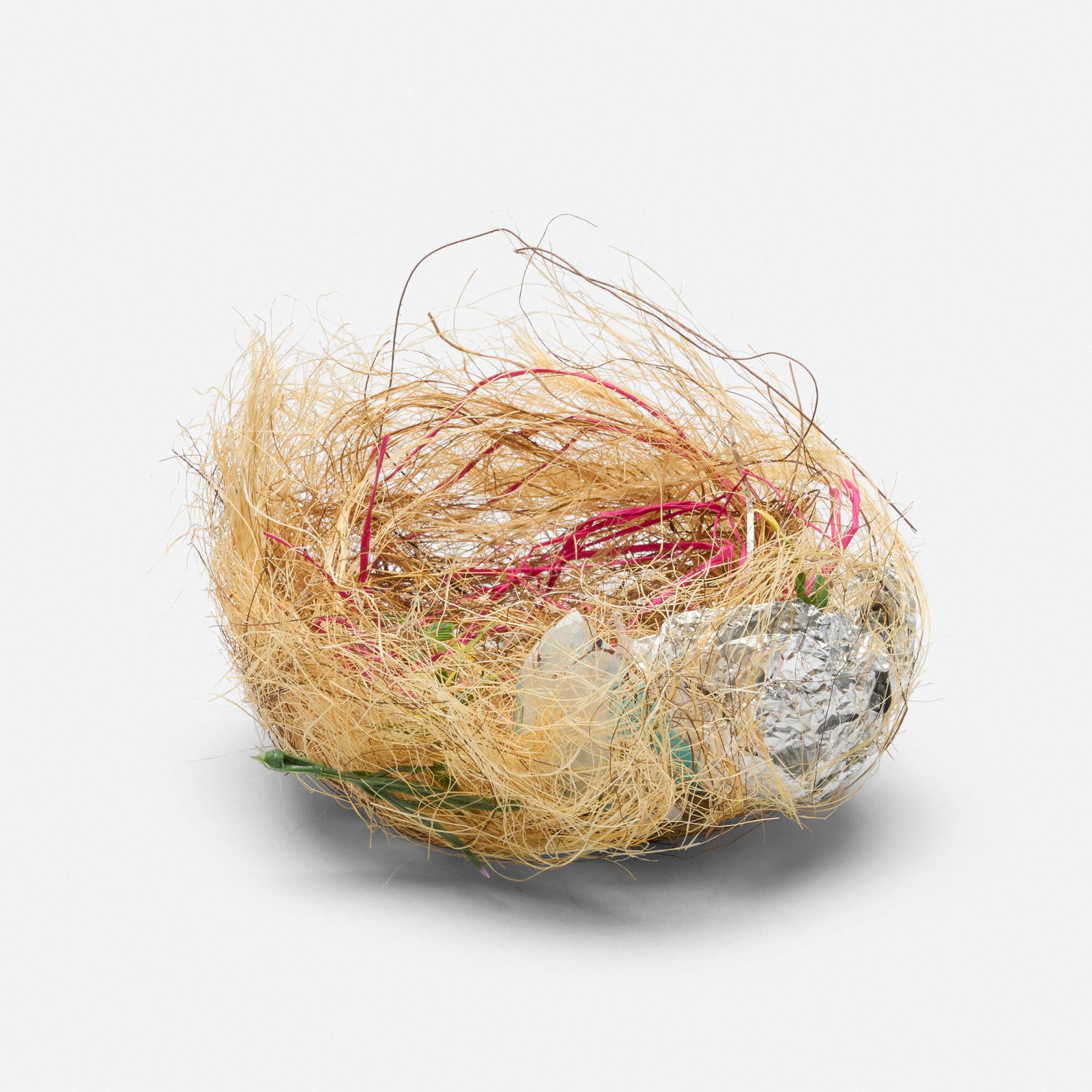Bjorn Braun, Untitled (Zebra Finch Nest): Bjorn Braun Untitled (Zebra Finch Nest) 2015 coconut fiber, tinsel, aluminum foil, plastic 5 h x 6.75 w x 5.75 d in (13 x 17 x 15 cm) Provenance: Marianne Boesky Gallery, New York | Acquired from the