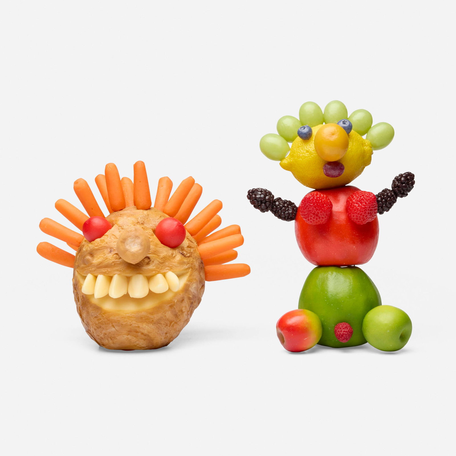 Olaf Breuning, Mr. Carrot Top; Fruit Woman (two works from the Eatmes series): Olaf Breuning Mr. Carrot Top; Fruit Woman (two works from the Eatmes series) 2007 polyvinyl chloride 9.75 h x 6.75 w x 5 d in (25 x 17 x 13 cm) 7.25 h x 8.75 w x 8.5 d in (18 x 22 x 22 cm) These