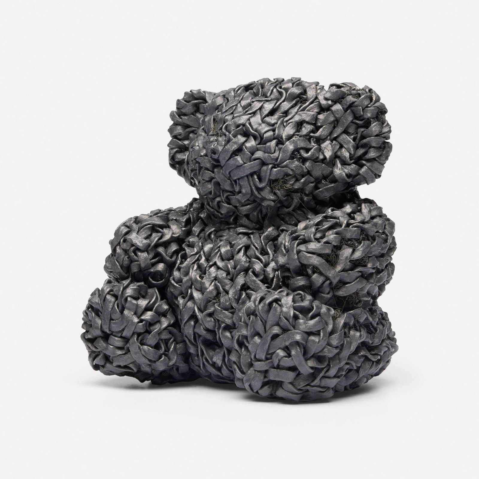 Dave Cole, Knit Lead Teddy Bear: Dave Cole Knit Lead Teddy Bear 2011 hand-cut and knitted lead ribbon, lead wool stuffing 6 h x 5.5 w x 4.75 d in (15 x 14 x 12 cm) Etched signature and date to plate to verso 'Dave Cole 2011'