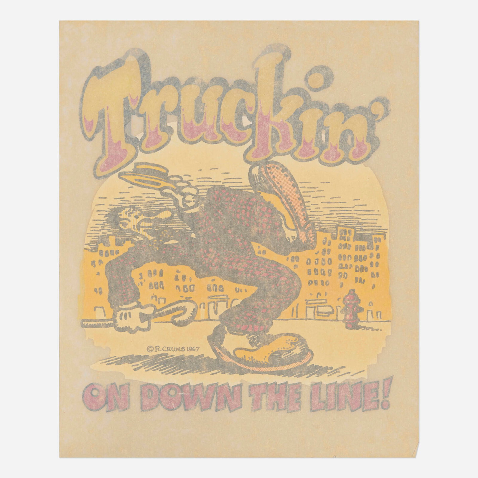 Robert Crumb, Truckin' On Down the Line (decal): Robert Crumb Truckin' On Down the Line (decal) 1967 iron-on transfer print image: 11.5 h x 9.75 w in (29 x 25 cm) sheet: 13.25 h x 11 w in (34 x 28 cm) This work will ship from Chicago, Illinois.
