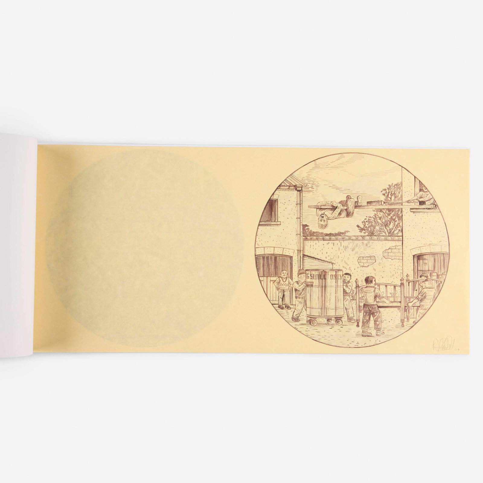 Adam Dant, The People Who Live on the Plank (book with original drawing): Adam Dant The People Who Live on the Plank (book with original drawing) 2004 bound book, ink on paper book: 12.25 h x 27 w x 0.25 d in (31 x 69 x 1 cm) drawing: 12 h x 26 w in (30 x 66 cm) Signed and 