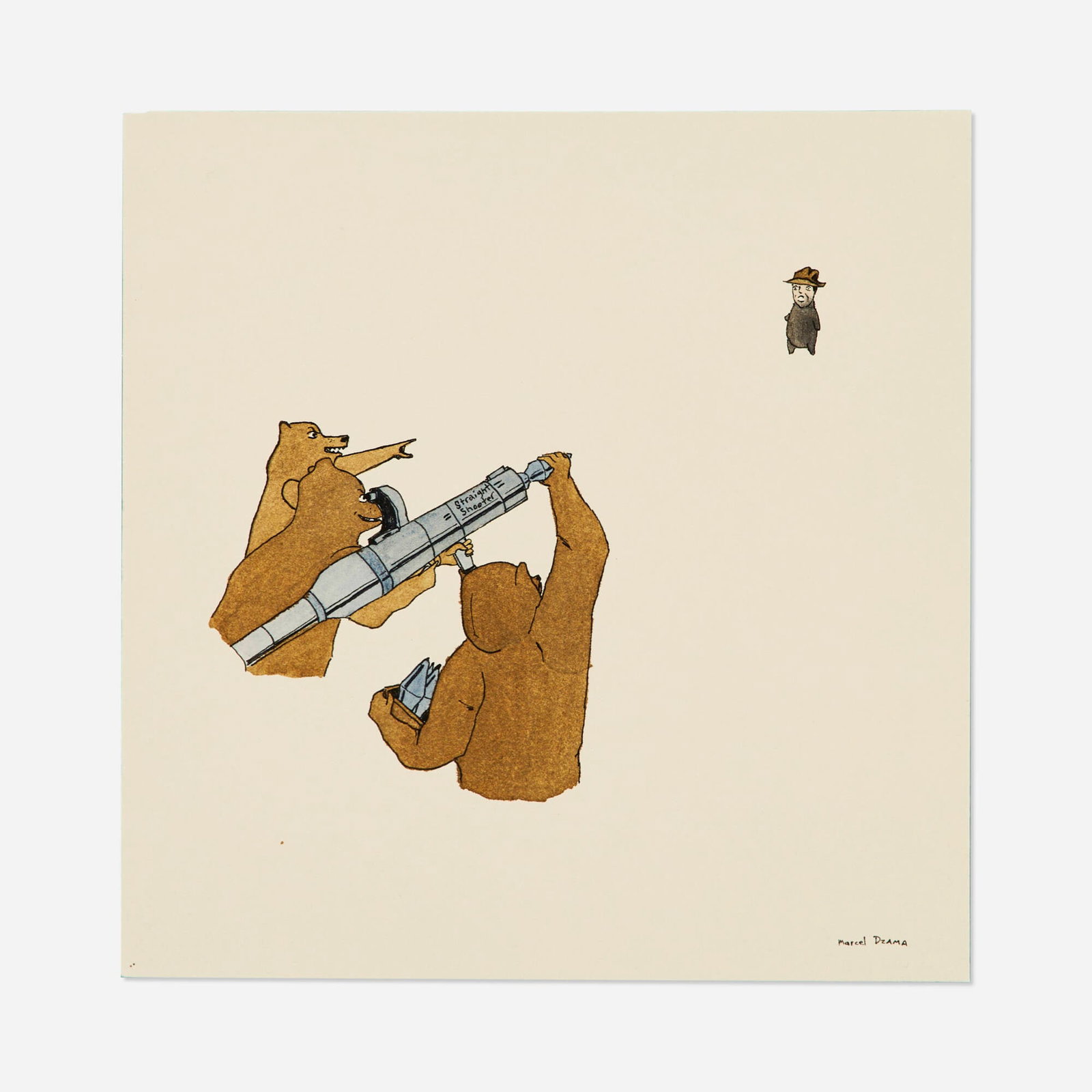 Marcel Dzama, Untitled (Straight Shooter): Marcel Dzama Untitled (Straight Shooter) watercolor and ink on paper 8.25 h x 8.25 w in (21 x 21 cm) Signed to lower right 'Marcel Dzama'. This work will ship from Los Angeles, Californ