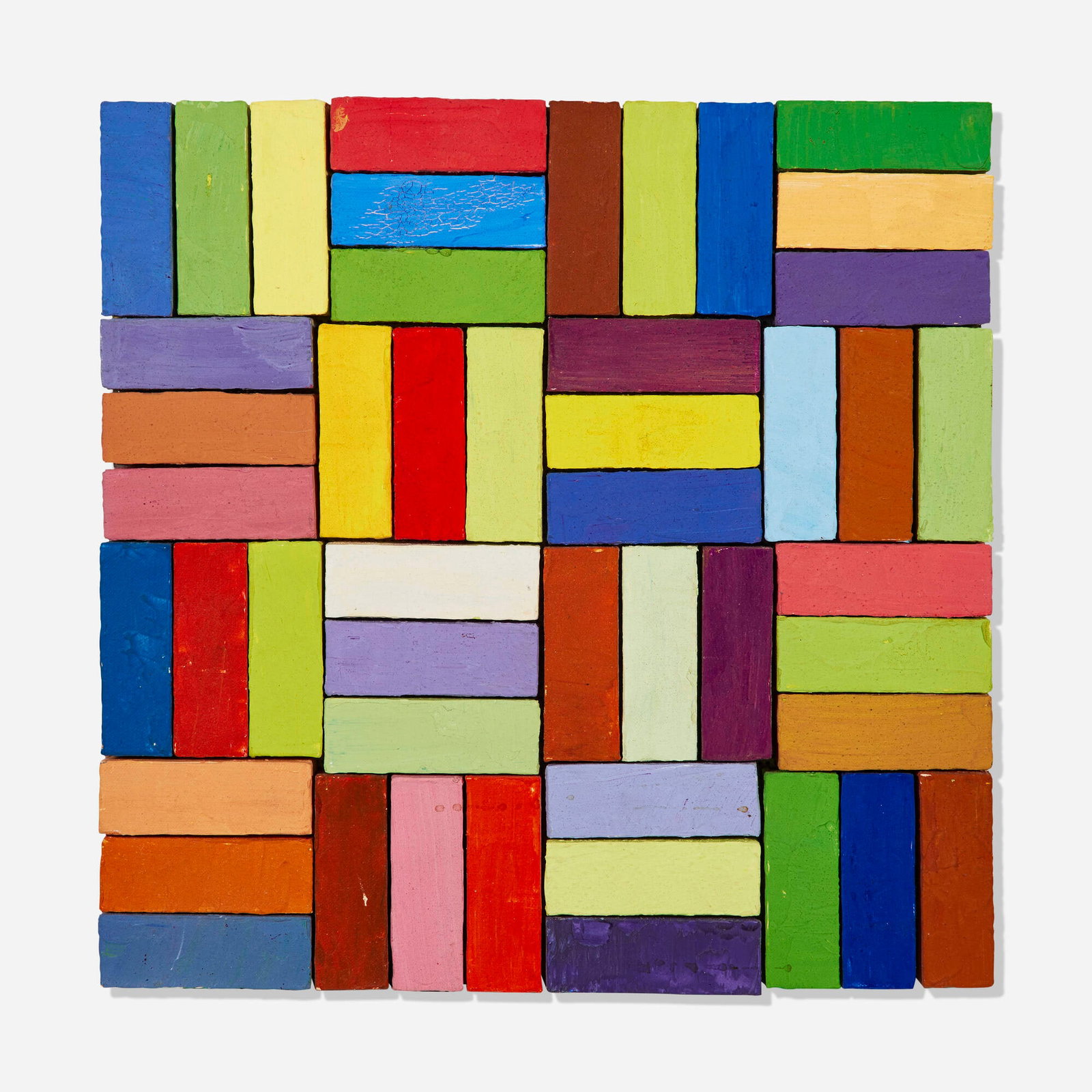 Carlos Estrada-Vega, 48 Color Bricks: Carlos Estrada-Vega 48 Color Bricks c. 1996 oil on canvas with magnetic inserts affixed to steel plate 13.375 h x 13.375 w x 1 d in (34 x 34 x 3 cm) Signed, titled, and inscribed illegibly to verso