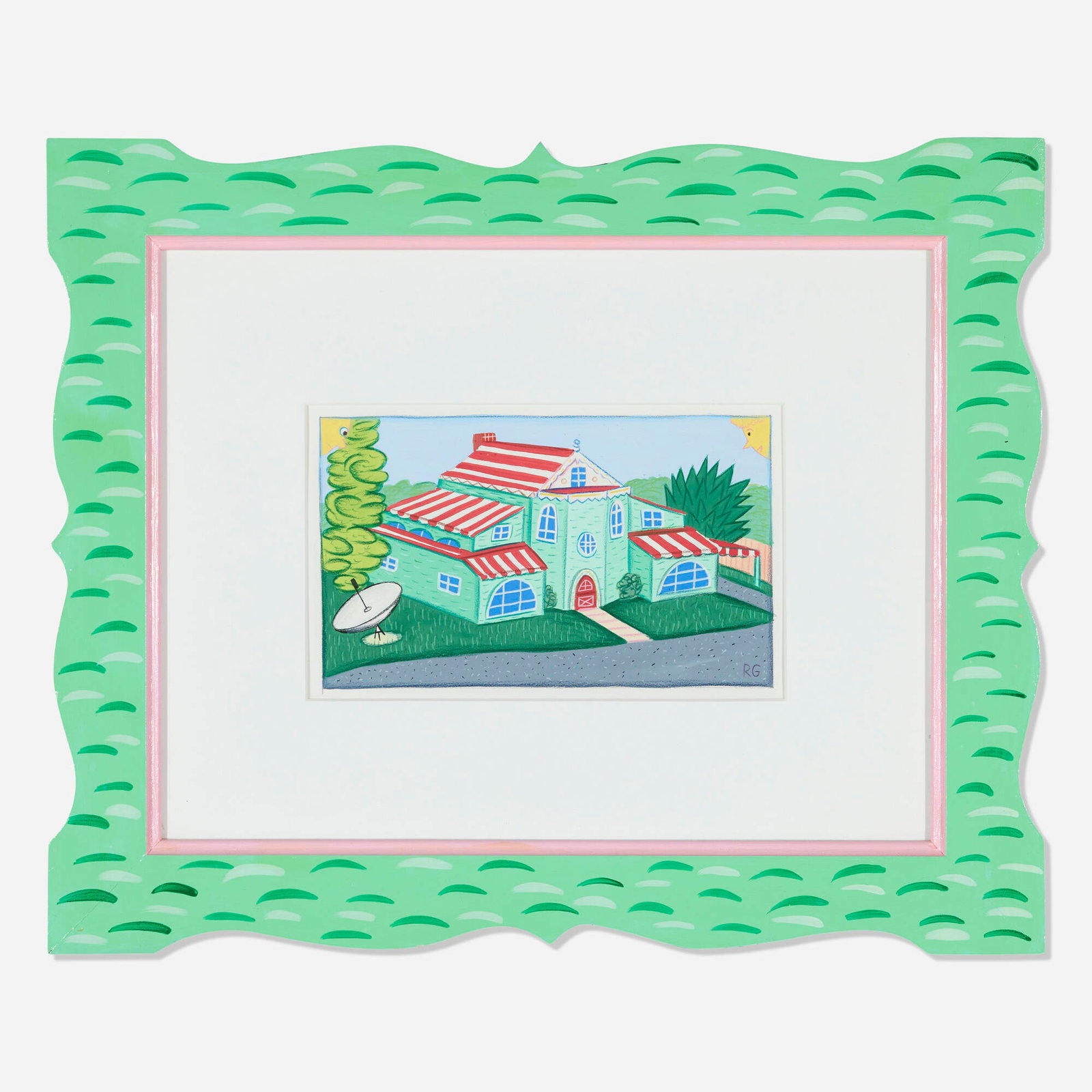 Rodney Alan Greenblat, Casual Awning House: Rodney Alan Greenblat Casual Awning House mixed media on paper in artist-made frame 18 h x 22 w in (46 x 56 cm) Signed to lower right 'RG'. Titled to frame verso 'Casual Awning