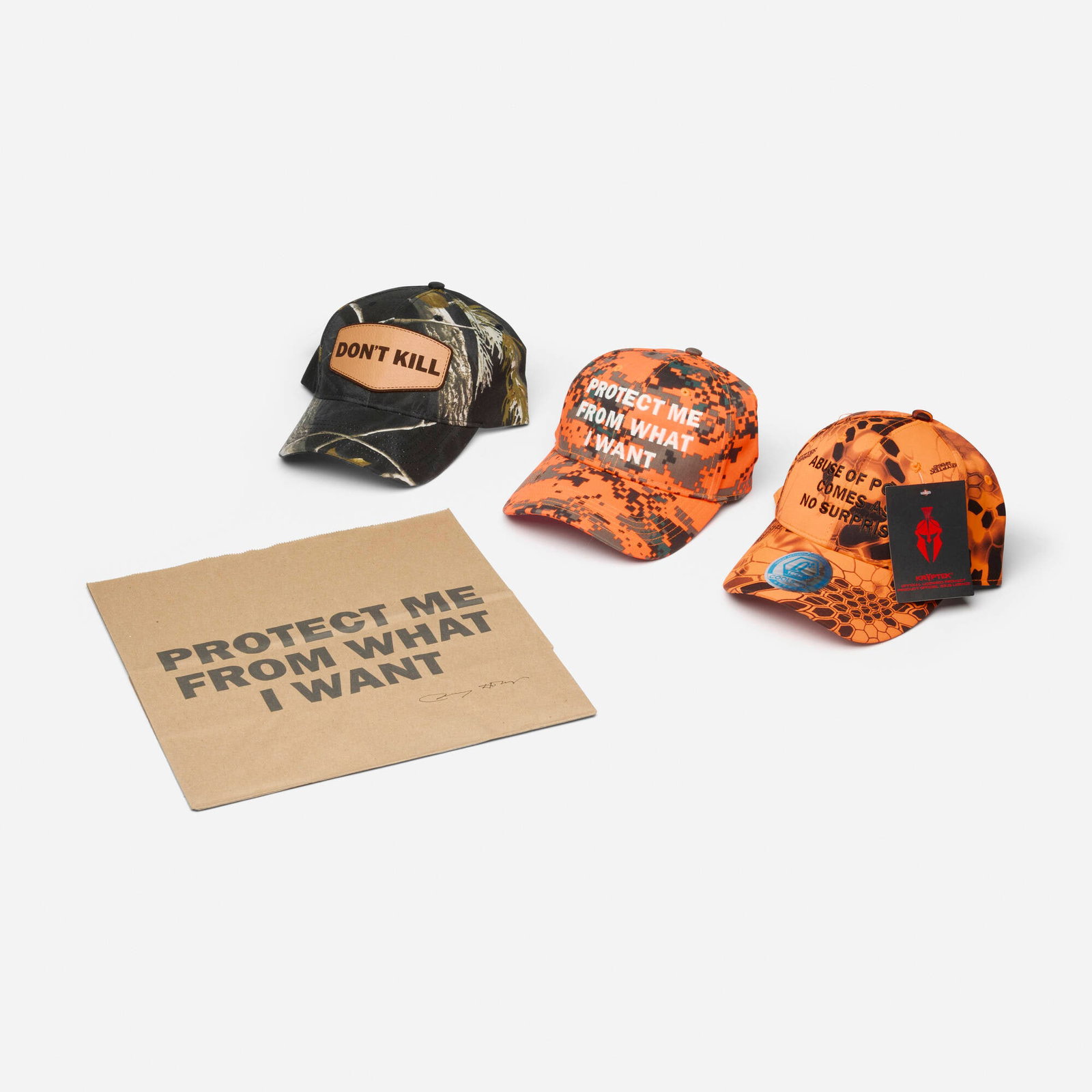 Jenny Holzer, Set of three Trucker Hats (from the Survival series); Protect Me From What I Want bag: Jenny Holzer Set of three Trucker Hats (from the Survival series); Protect Me From What I Want bag 1983-85 / 2021 printed and embroidered fabric, printed paper hat (each): 5.25 h x 7.75 w x 10.25 d in