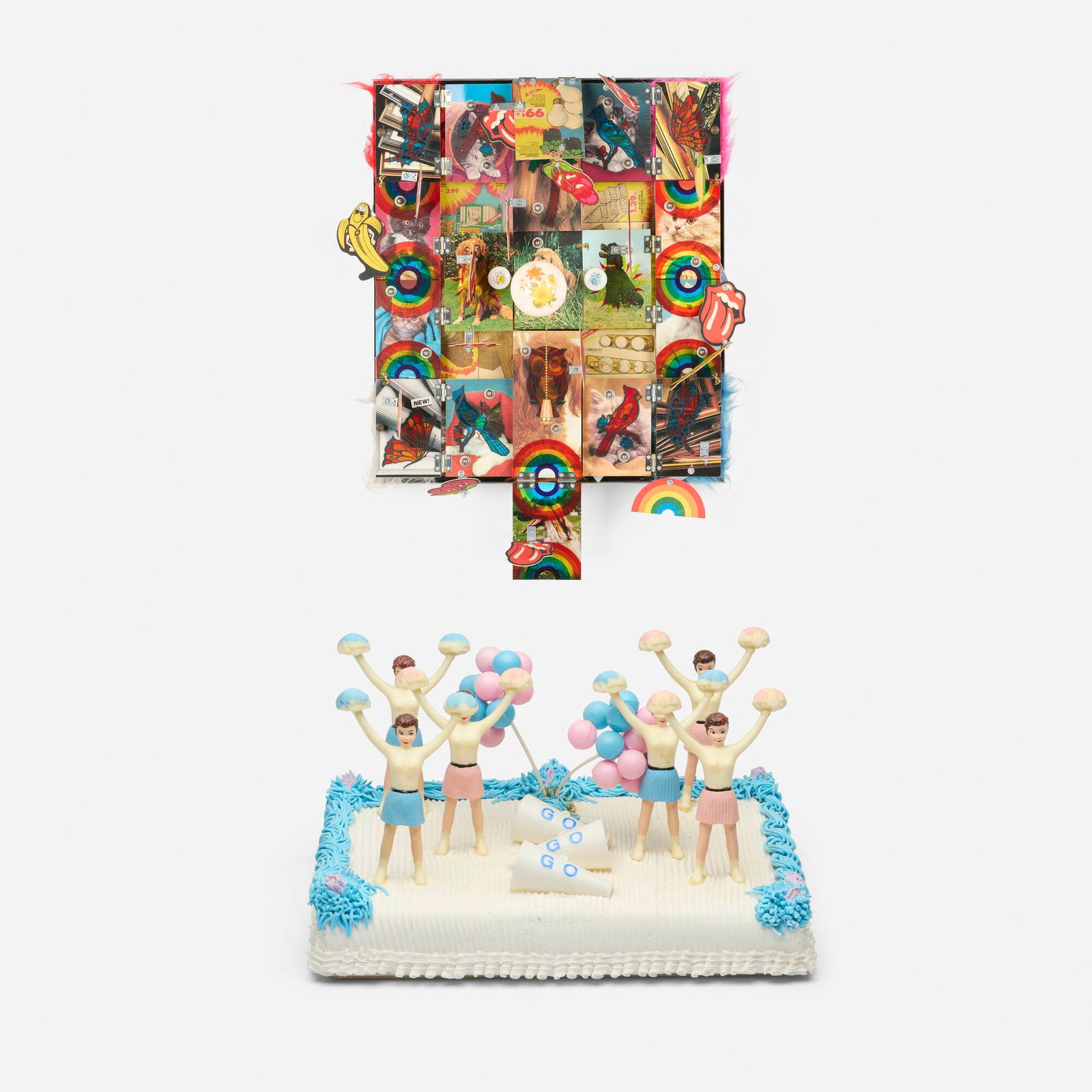 Larry Mantello, Doghouse; Yummie Dummie (two works): Larry Mantello Doghouse; Yummie Dummie (two works) 1991; 1993 decals, newsprint, postcards, fur, air fresheners, hardware, lightbulb and aluminum frame; acrylic foam, plaster and plastic figurines 35 