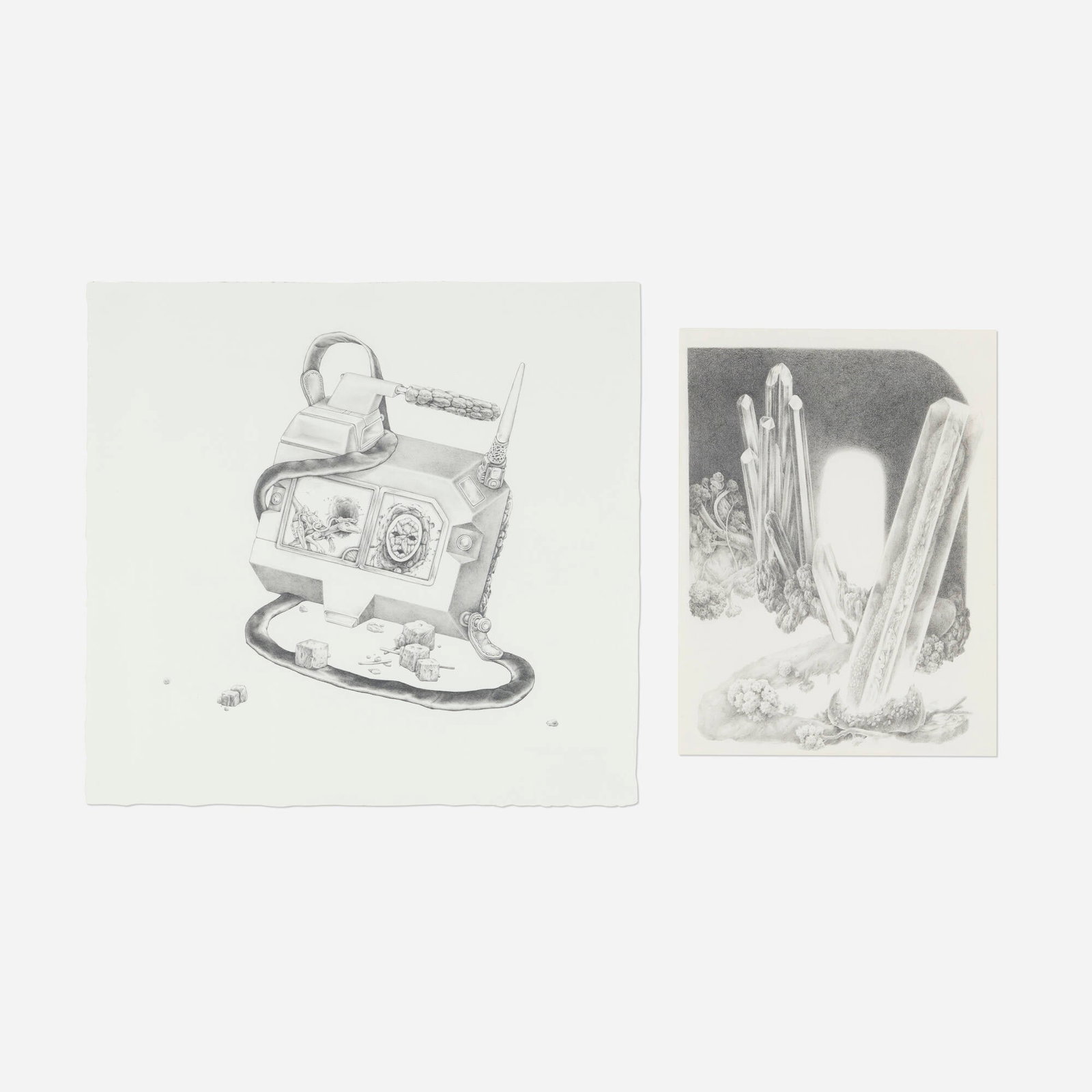 Ted Mineo, Raptor Wars 2 (Gear + Rations); Two Four (two works): Ted Mineo Raptor Wars 2 (Gear + Rations); Two Four (two works) 2005 graphite on paper 12 h x 9 w in (30 x 23 cm) 21.5 h x 23 w in (55 x 58 cm) Provenance: Deitch Projects, New York | Deborah Colton