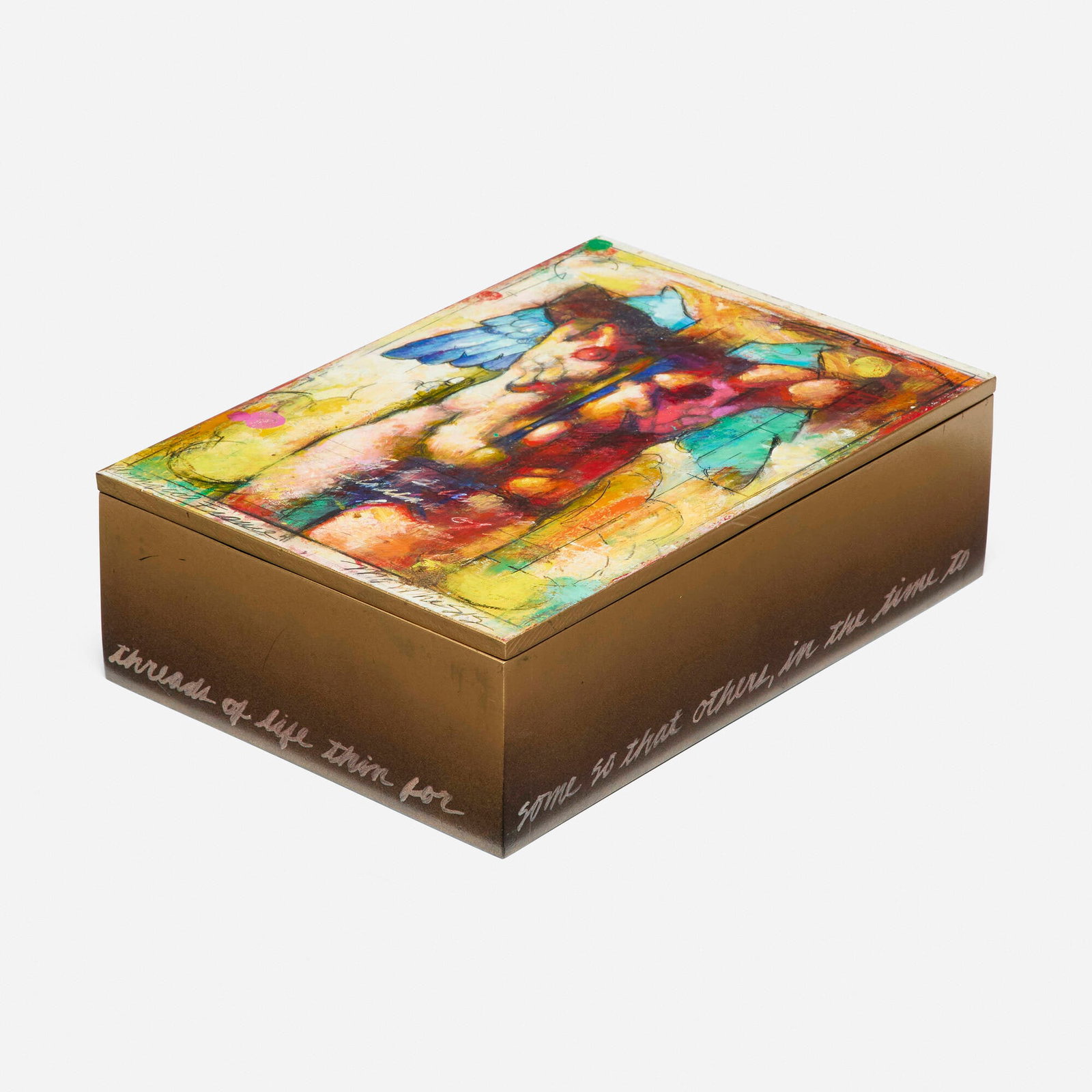 Jim Morphesis, Angel Box: Jim Morphesis Angel Box 1996 acylic on wood box 3 h x 7 w x 10 d in (8 x 18 x 25 cm) Signed, titled, dated, and numbered to underside 'Angel Box Morphesis 8/75 1996'. This work is number 8