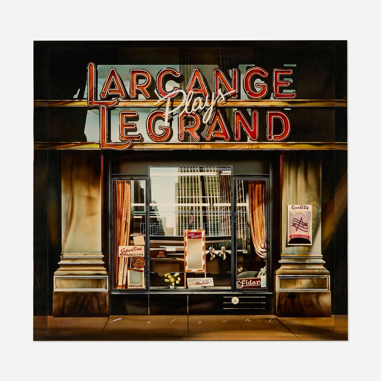 Peter Palombi, Maurice Larcange Plays Le Grand: Peter Palombi Maurice Larcange Plays Le Grand c. 1974 acrylic on board sight: 18.5 h x 19.5 w in (47 x 50 cm) Signed to lower center 'Palombi'. Sold with laminated album sleeve featuring