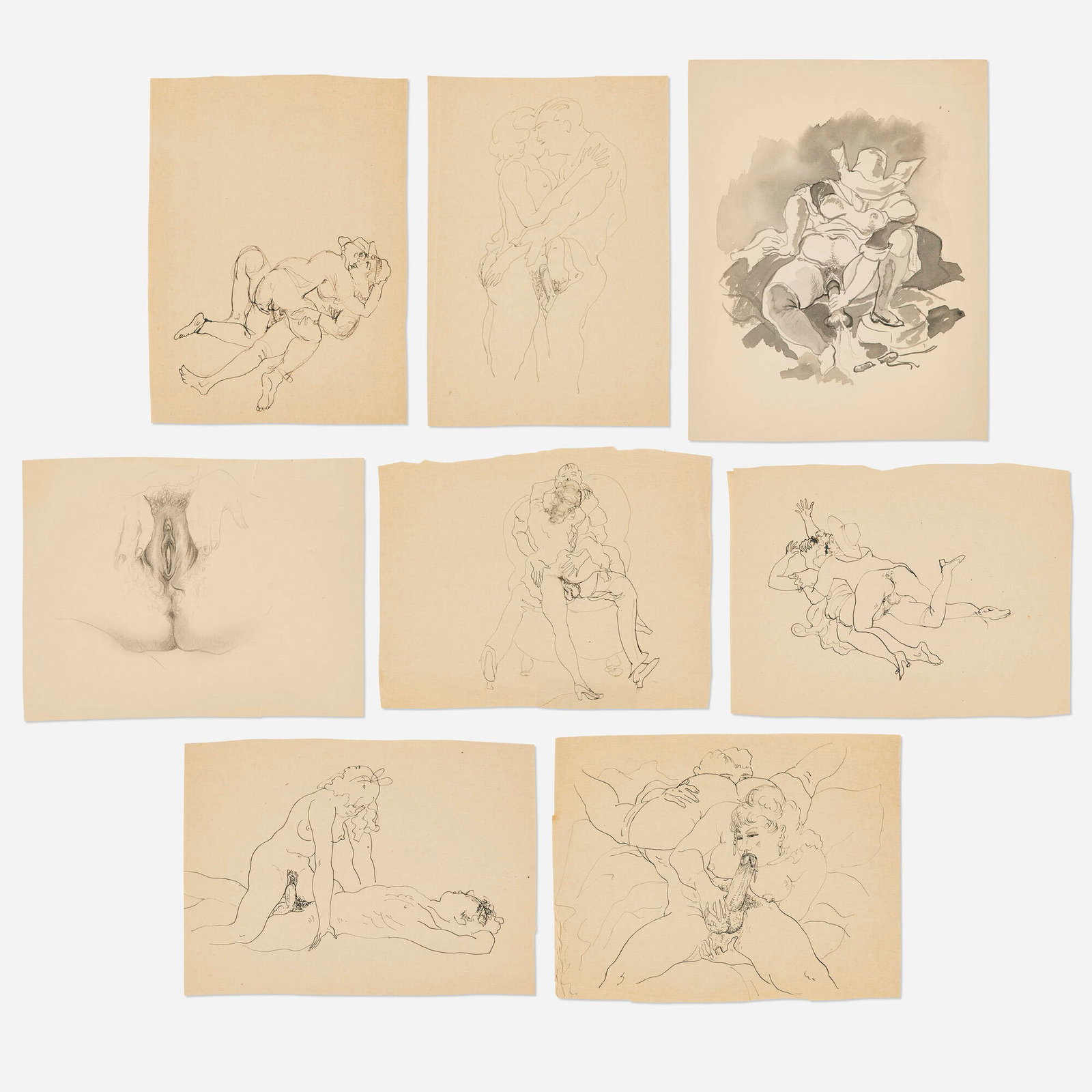 Jules Pascin, Untitled (eight works): Jules Pascin Untitled (eight works) ink and graphite on paper largest: 10.75 h x 9.5 w in (27 x 24 cm) smallest: 7.25 h x 9.5 w in (18 x 24 cm) Provenance: Collection of Stephen Radich | Thence by