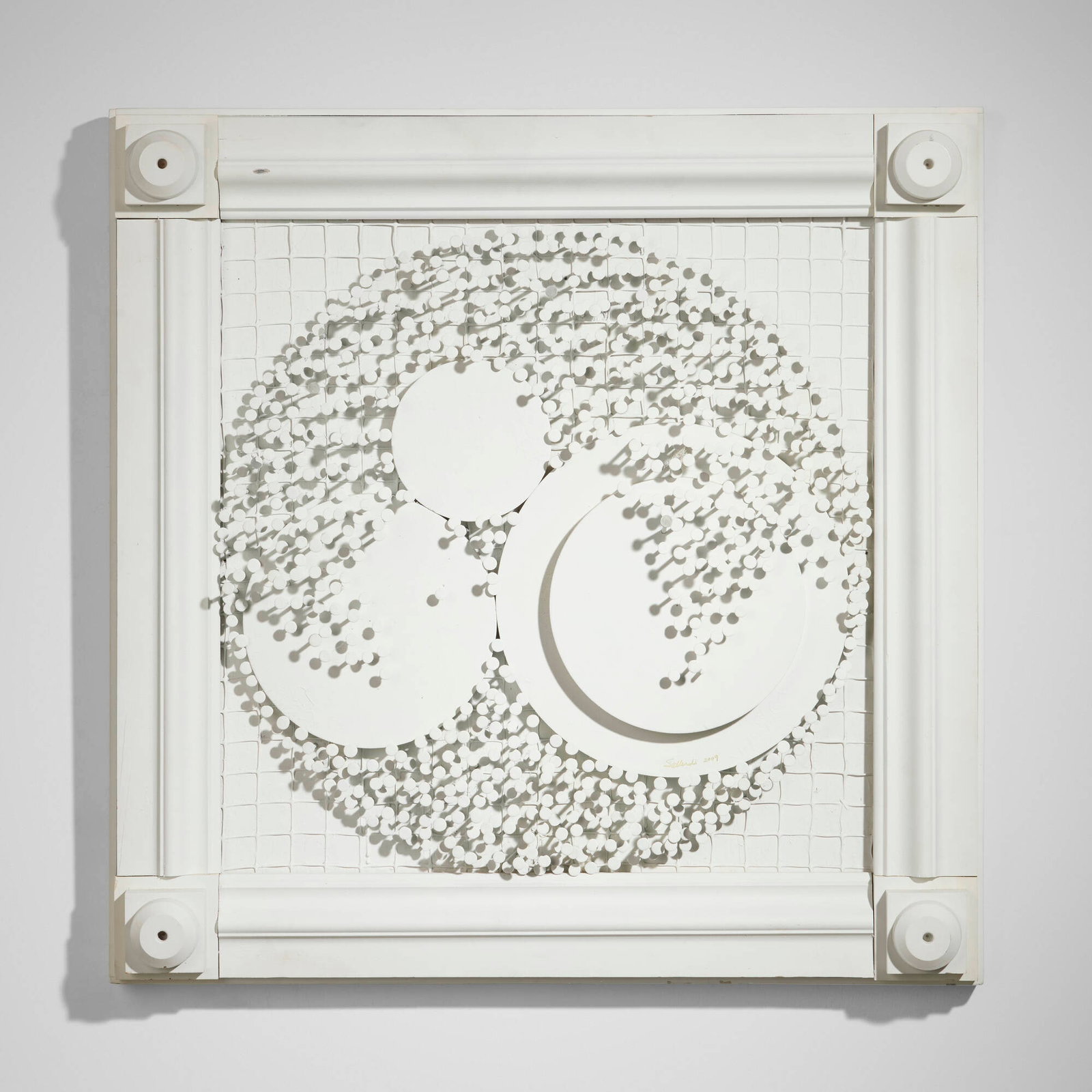 Robert Salleroli, Nails: Robert Salleroli Nails wood and nails on panel in artist-made frame 27.125 h x 27.125 w x 3.5 d in (69 x 69 x 9 cm) This work will ship from Lambertville, New Jersey.