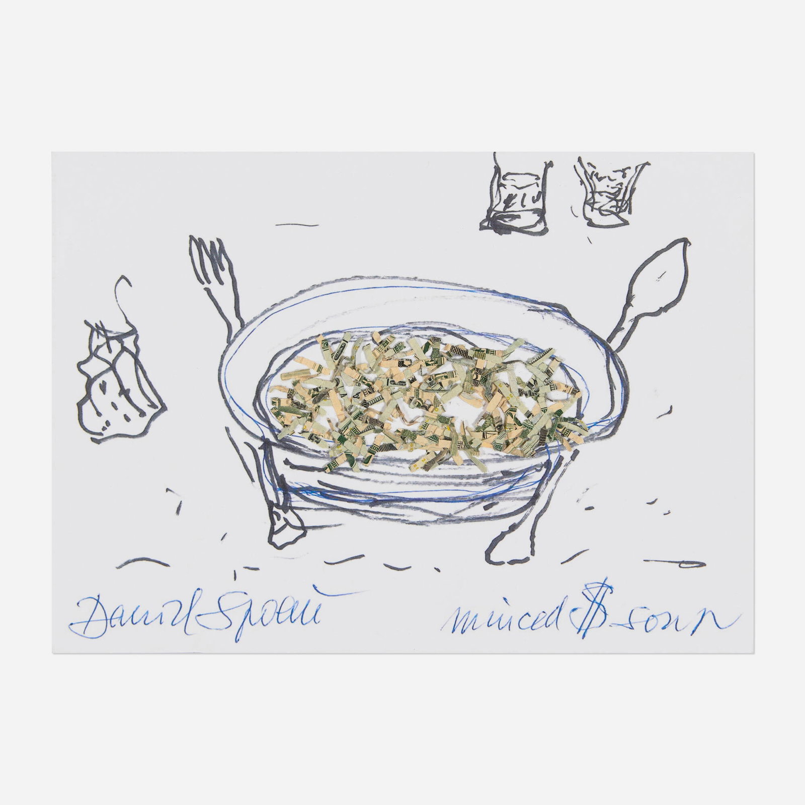 Daniel Spoerri, Minced $ Soup: Daniel Spoerri Minced $ Soup offset lithograph in colors with collaged dollar bills 5.875 h x 8.25 w in (15 x 21 cm) This work will ship from Chicago, Illinois.