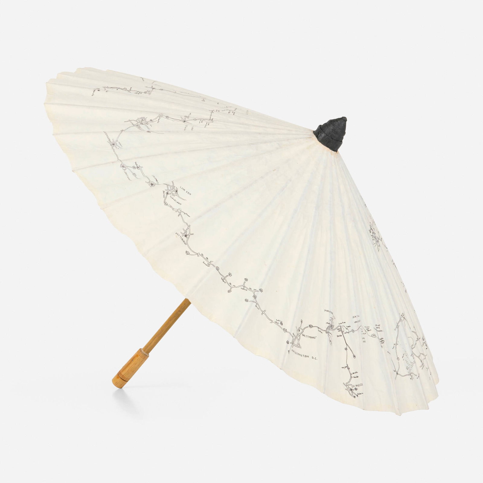 Rirkrit Tiravanija, Untitled, 1999 (Further East): Rirkrit Tiravanija Untitled, 1999 (Further East) 1999 ink on paper and wood umbrella 27 h x 38 w x 38 d in (69 x 97 x 97 cm) Numbered to umbrella handle '17/100'. This work is number 17