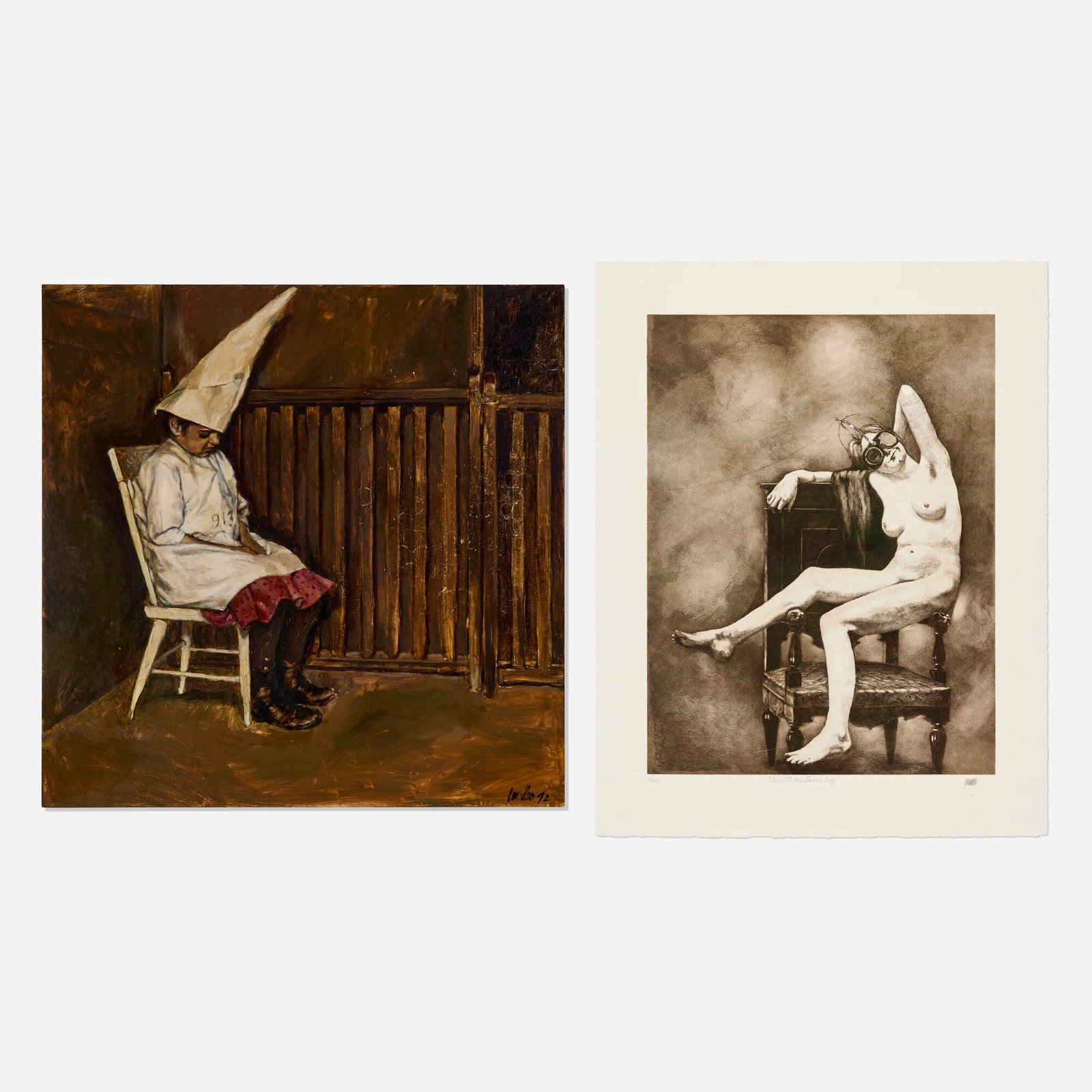 Pamela Wilson-Ryckman, Dunce Cap; Slave to Her Sacred Sex (two works): Pamela Wilson-Ryckman Dunce Cap; Slave to Her Sacred Sex (two works) 1992 oil on wood, etching image: 31.5 h x 23.75 w in (80 x 60 cm) sheet: 30.25 h x 30.75 w in (77 x 78 cm) 36 h x 36 w x 1.25 d in