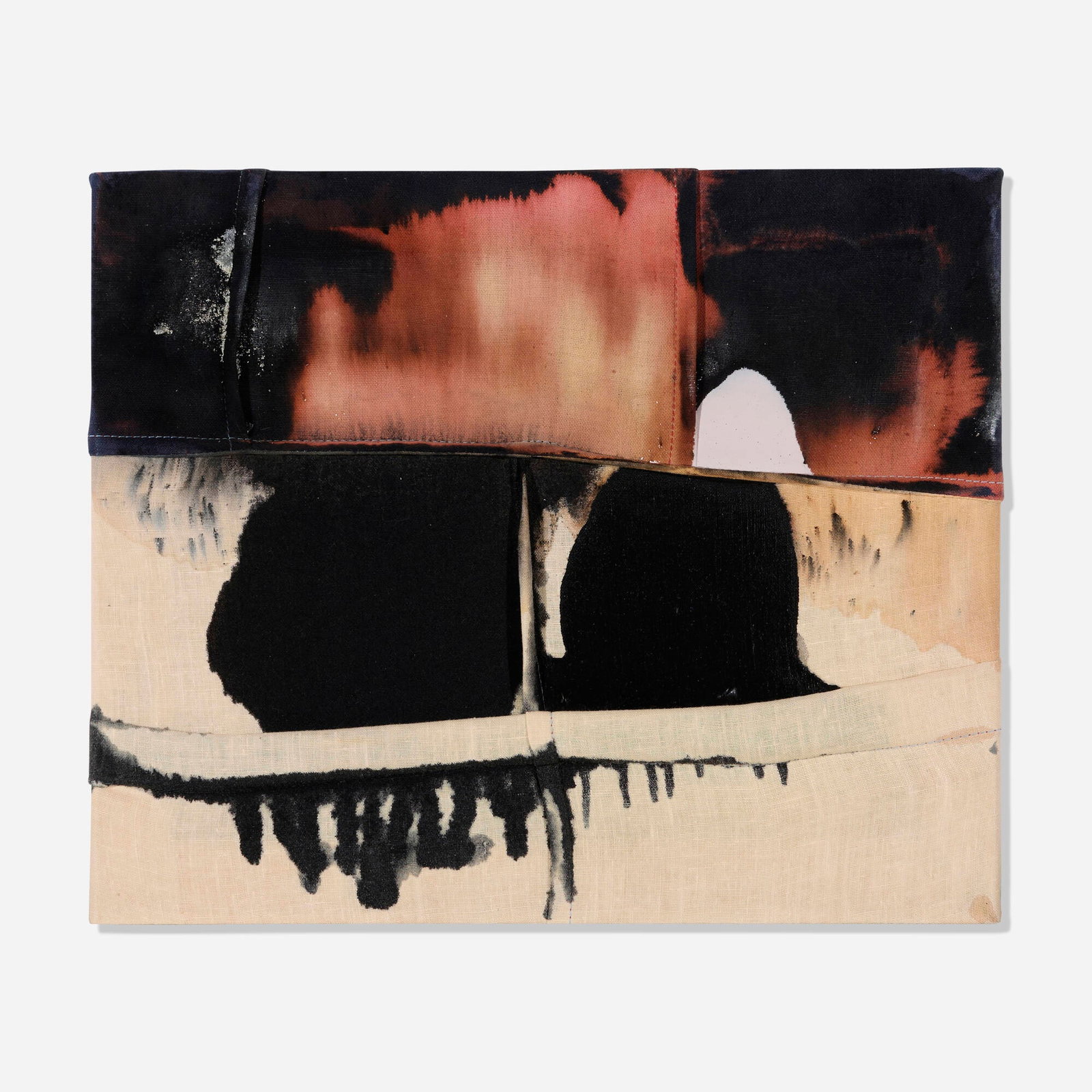 Molly Zuckerman-Hartung, To be no one's sleep under so many lids: Molly Zuckerman-Hartung To be no one's sleep under so many lids 2015 latex, bleach and dye on sewn linen 14.125 h x 17.125 w x 1.125 d in (36 x 43 x 3 cm) Provenance: Lyles & King, New York | Private