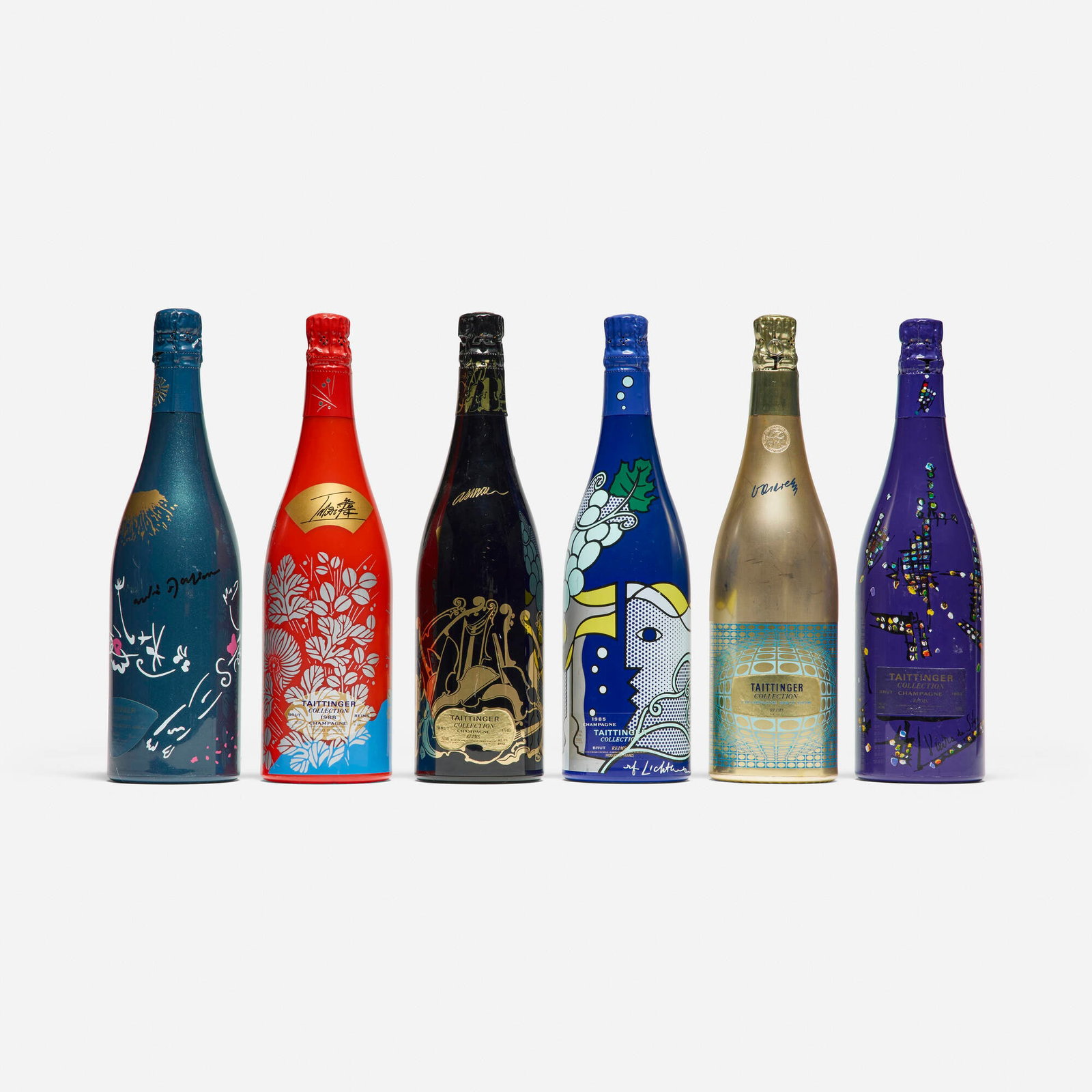 Various Artists, Six works from the Taittinger Artist Collection: Various Artists Six works from the Taittinger Artist Collection 1983-94 transfer-printed label, champagne bottle each: 13.5 h x 3.75 dia in (34 x 10 cm) Lot includes artist-designed bottles by Victor