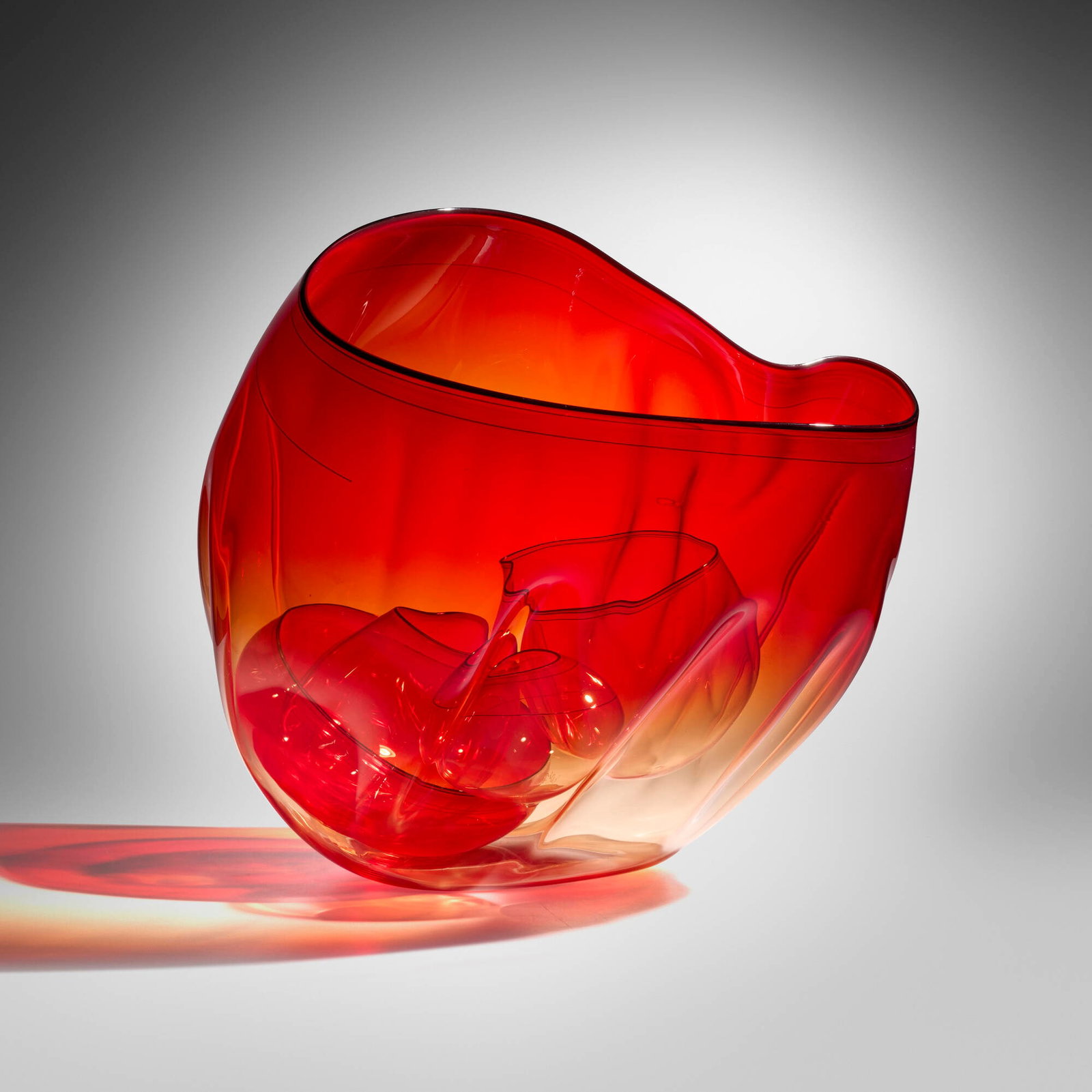 Dale Chihuly, Pimento Basket Set with Black Plum Lip Wraps: Dale Chihuly Pimento Basket Set with Black Plum Lip Wraps 2003 hand-blown glass 18.875 h x 20.5 w x 19.375 d in (48 x 52 x 49 cm) Set is composed of five elements. Etched signature and date to