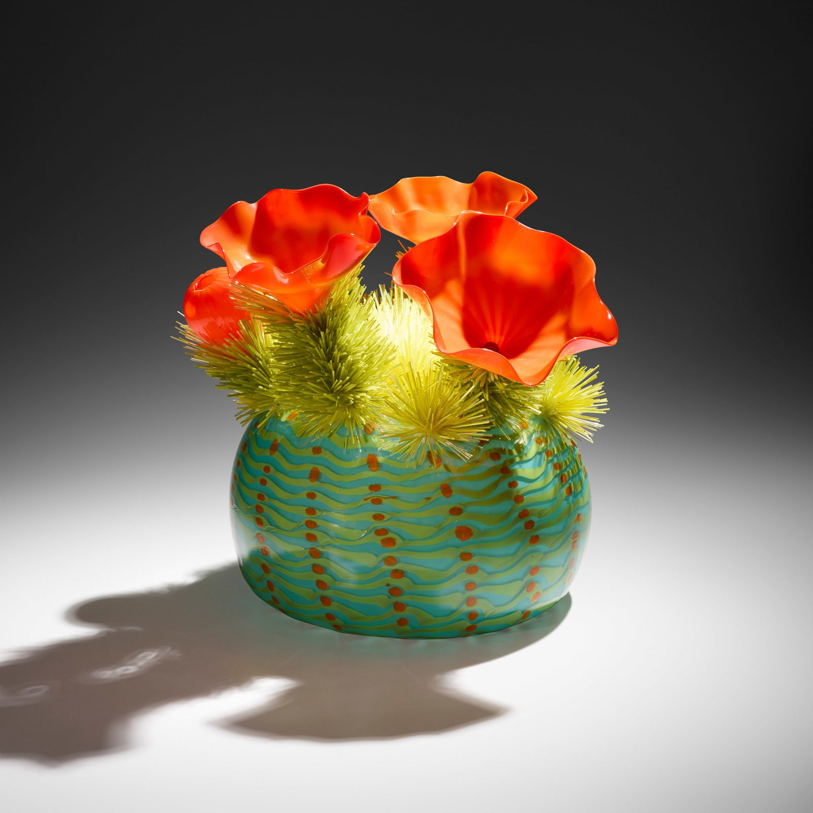 Flo Perkins, Tropical Variety: Flo Perkins Tropical Variety 2026 hand-blown glass, glass threads 15.5 h x 17 w x 16 d in (39 x 43 x 41 cm) Etched signature and date near base 'F. Perkins 2026'. Provenance: The Artist