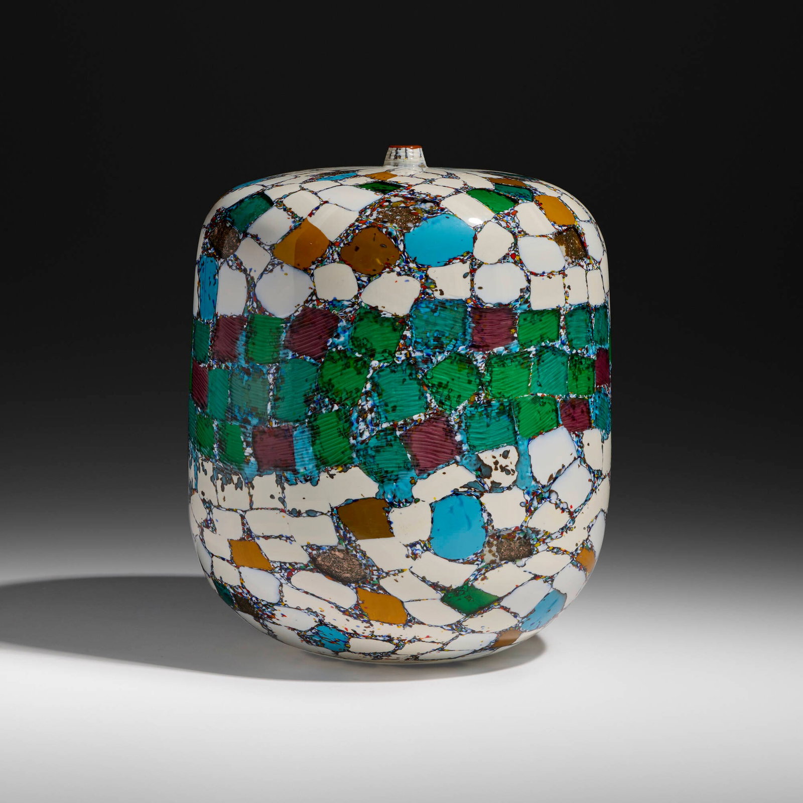 Yoichi Ohira, Mosaico vase: Yoichi Ohira Mosaico vase 2003 hand-blown glass canes with murrine and powder inserts, partial inciso surface 9.125 h x 7.625 dia in (23 x 19 cm) This unique work was executed by Maestro Livio Serena