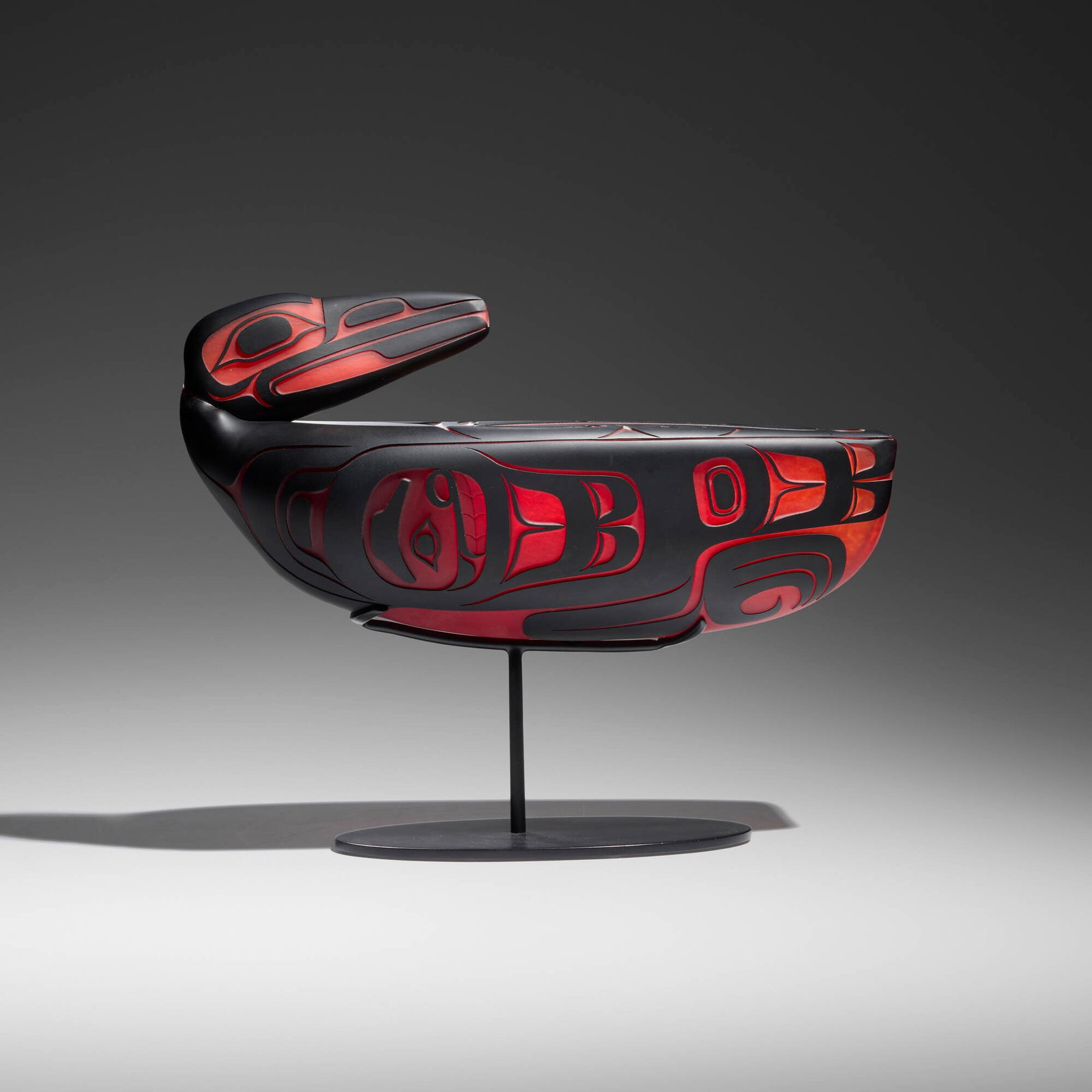 Preston Singletary, Raven Canoe: Preston Singletary Raven Canoe 2009 hand-blown and sand-carved glass, enameled metal 14 h x 17.5 w x 6.25 d in (36 x 44 x 16 cm) Etched signature and date to underside 'Preston Singletary 2009�